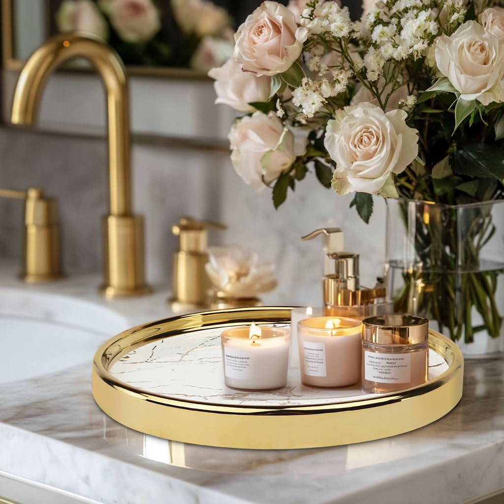 Luxury Round Marble Decorative Tray - Multi-Purpose Vanity Organizer for Jewelry, Perfume & Home Decor | Elegant Coffee Table Accent Tray for Bathroom, Bedroom & Living Room Storage