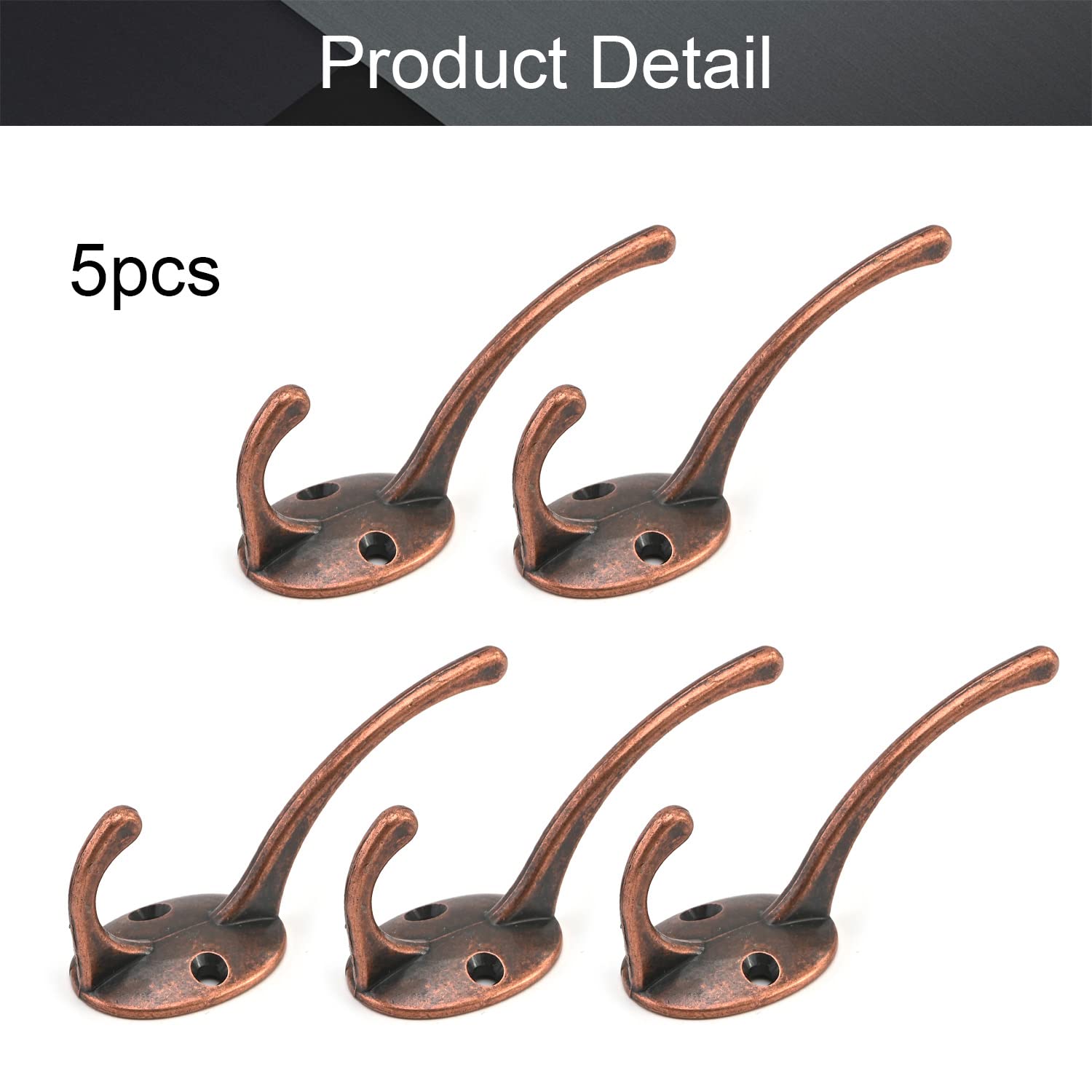 Vintage Style Dual Prong Wall Hooks - Set of 5 Red Copper Coat Hooks for Hanging Coats, Scarves, Bags, Towels & Hats (3.43
