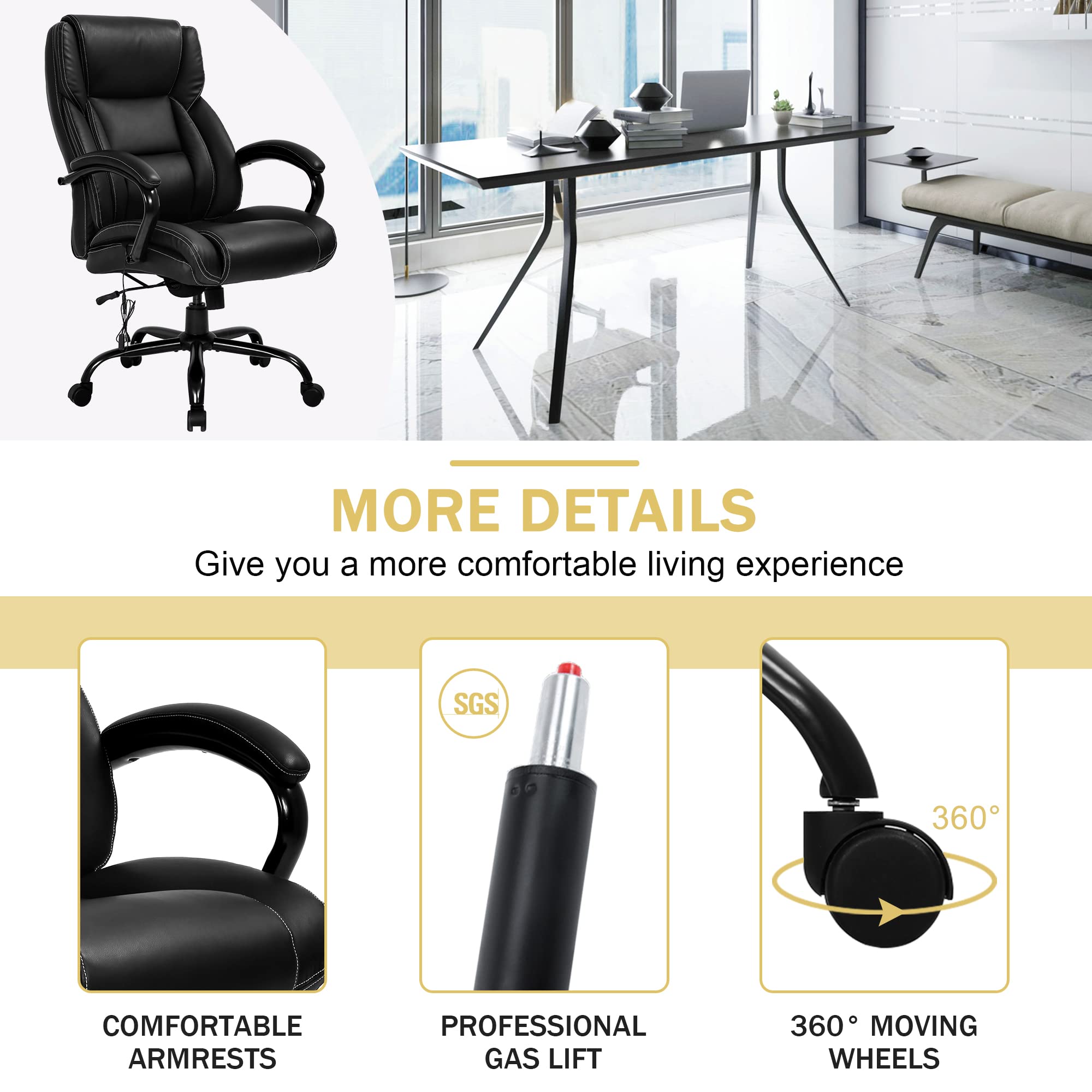 Ergonomic Office Desk Chair 500lbs Capacity - Big and Tall High Back Computer Chair with Adjustable Lumbar Support & Massage - PU Leather Executive Swivel Rolling Task Chair for Home Office (Black) - Perfect for Long Work Hours & Gaming Sessions