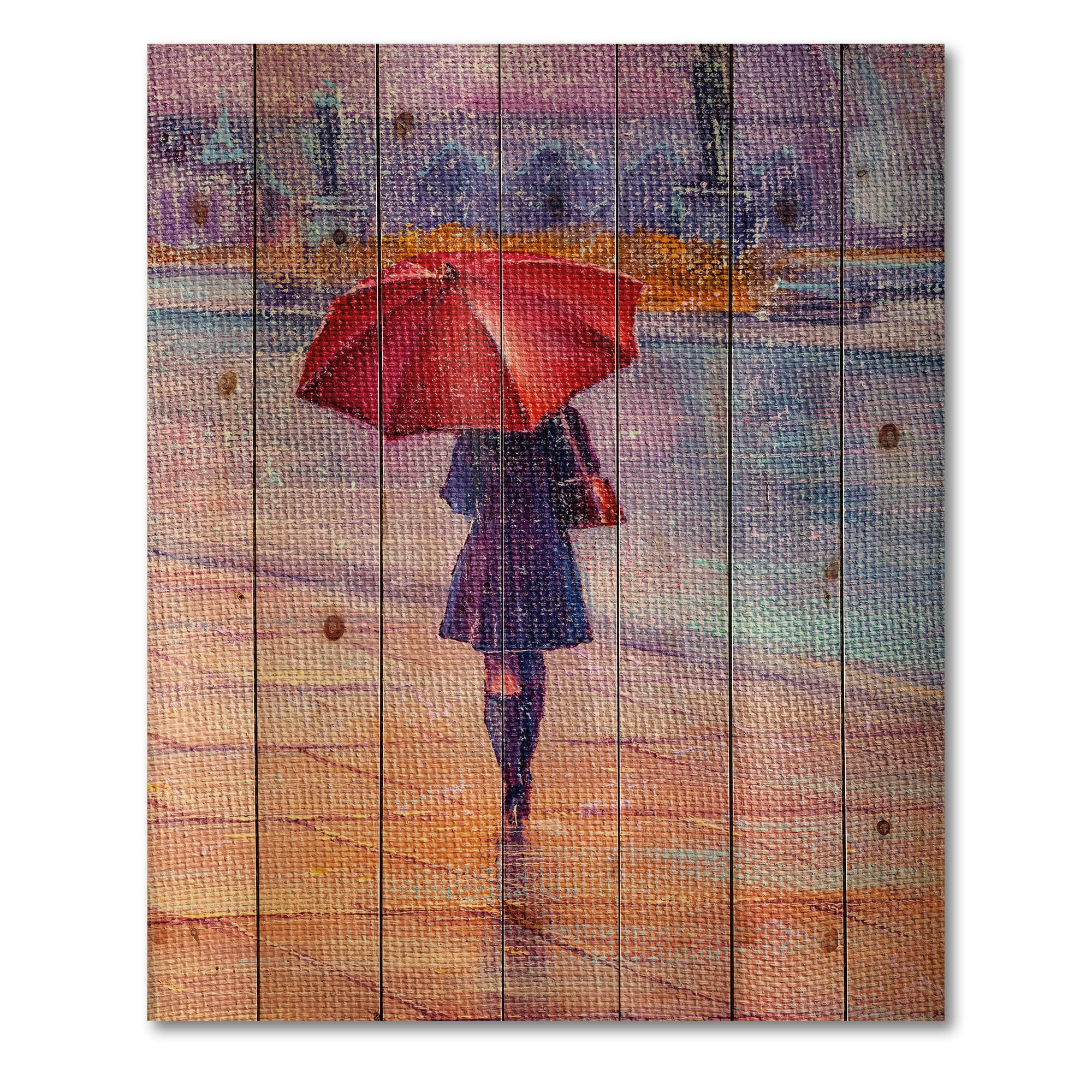 French Country Red Umbrella Wall Art - Rain Scene on Pine Wood for Home Decor