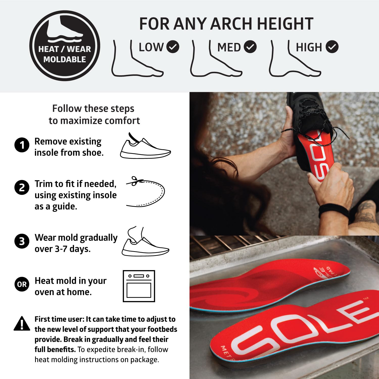 SOLE Active Medium Shoe Insoles with Metatarsal Pads - Arch Support for Men's Size 5/Women's Size 7 - Perfect for Running, Walking & Work Comfort