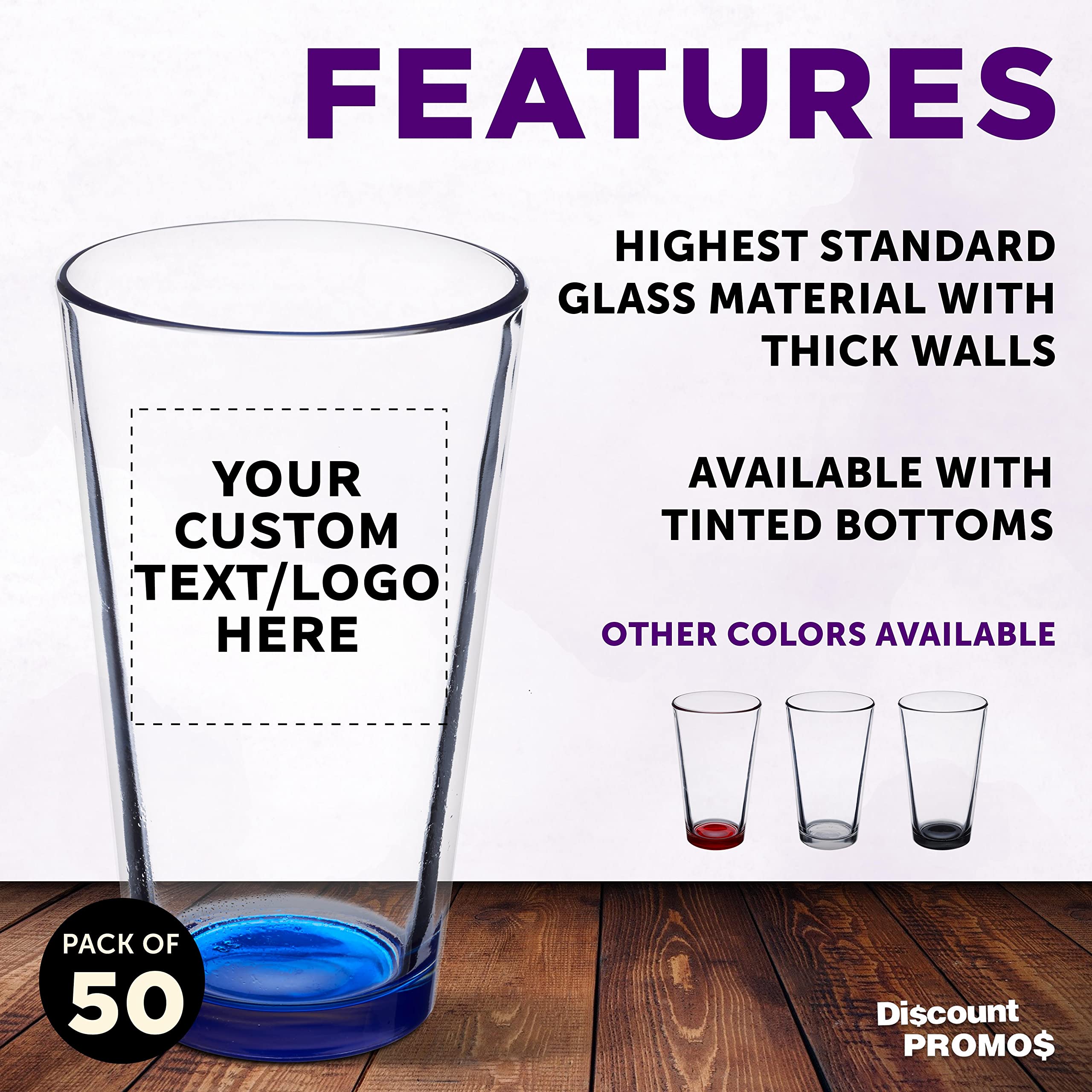 Custom Libbey 16 oz Pint Glasses Set of 50 - Personalized Bulk Beer Mugs, Heavy Duty Bar Drinkware in Blue - Perfect for Pubs, Restaurants & Party Favors