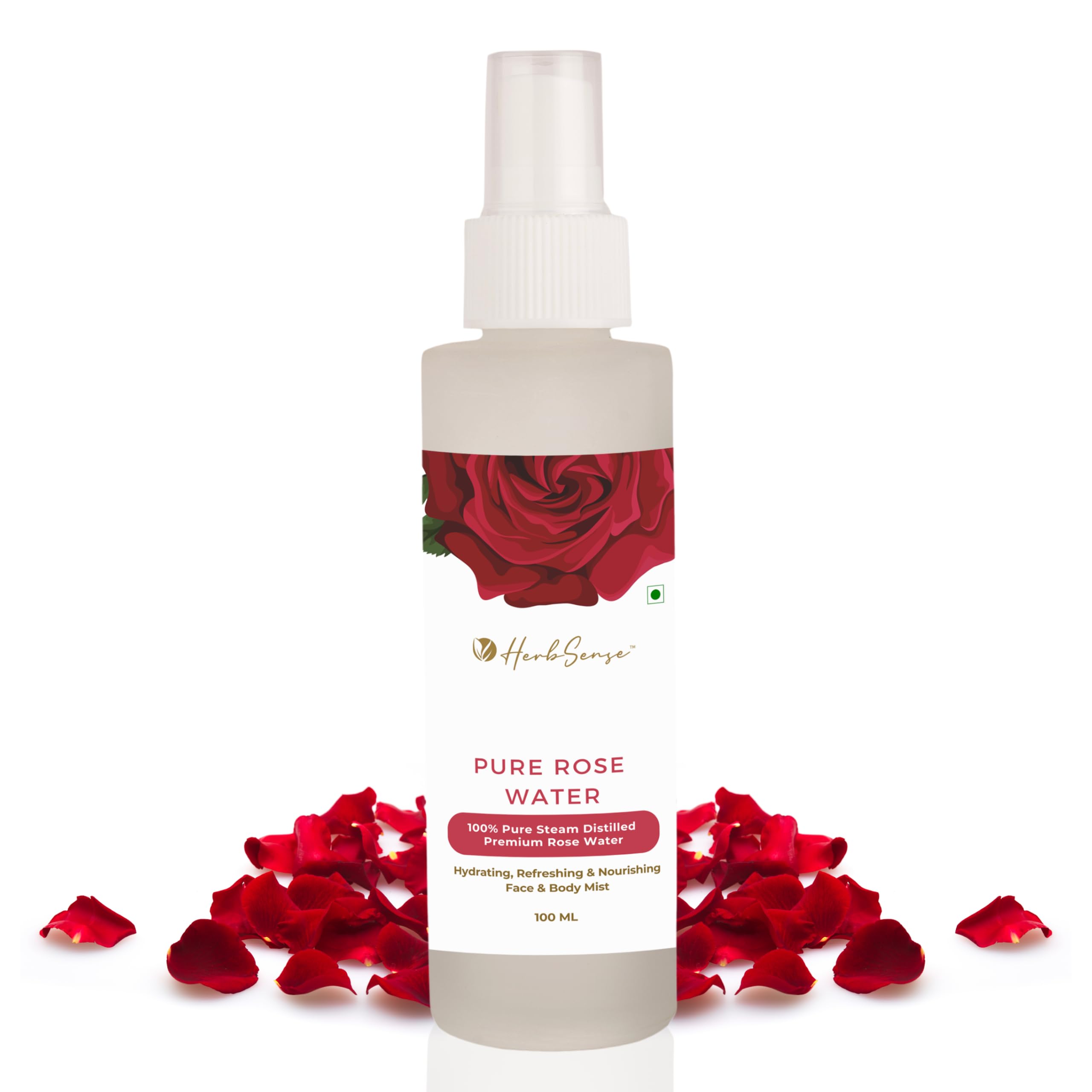 Herbsense Pure Rose Water (Gulab Jal) 100ml - Natural Facial Toner for Glowing Skin | Alcohol-Free, Chemical-Free, Edible Grade | Glass Bottle | Perfect for DIY Beauty, Aromatherapy & Cooking