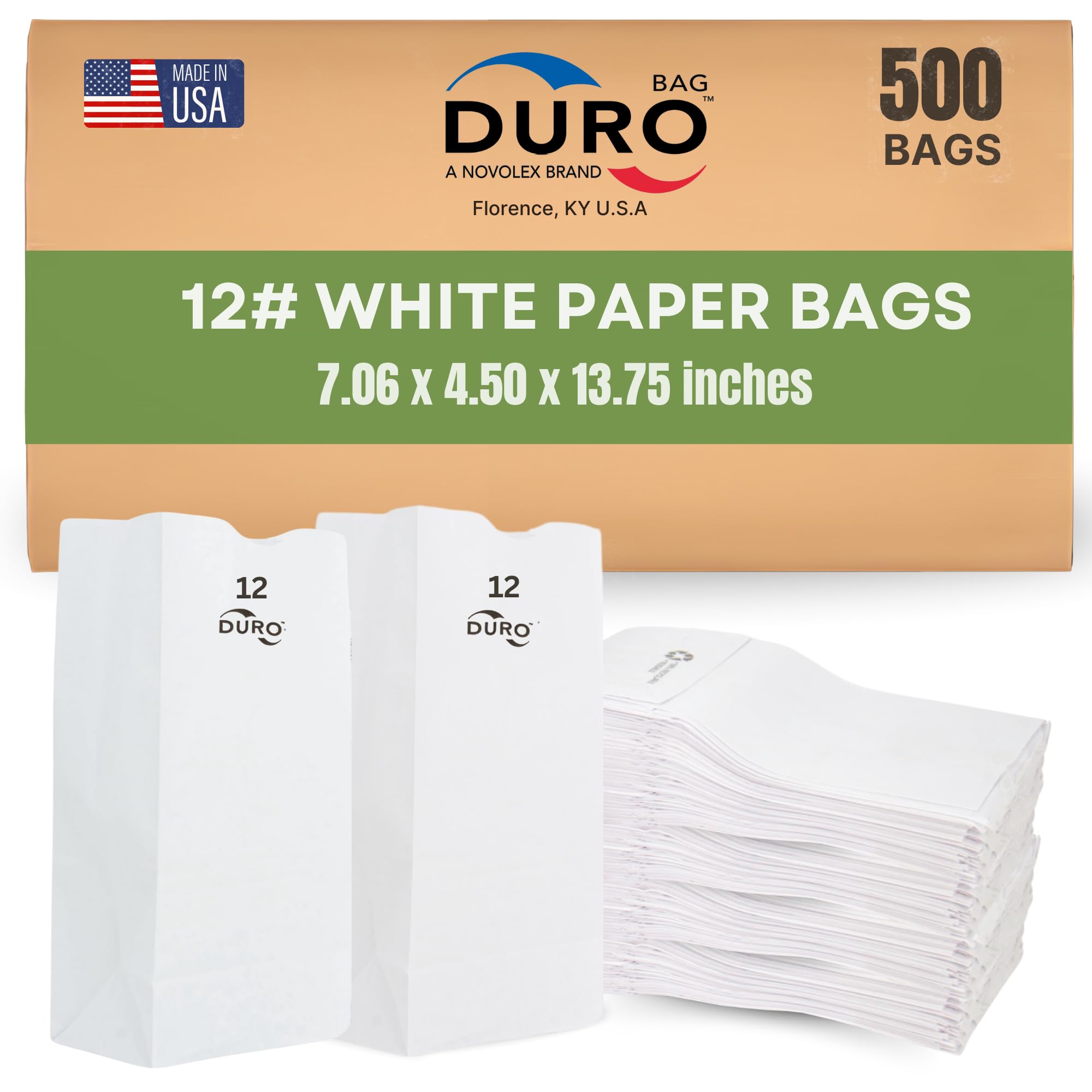 Duro 12# White Paper Lunch Bags 500 Count - Bulk Disposable Food Bags for Bread, Bagels, Deli & Restaurant Takeout - Eco-Friendly 7.06 x 4.50 x 13.75 Inch SOS Bags - Perfect for Bakery, Catering, School Lunches & Food Delivery Services