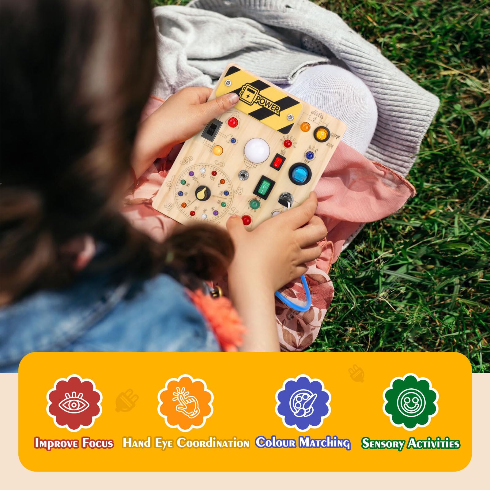 Montessori Wooden Busy Board with Clock & 11 LED Light Switches - Sensory Travel Toy for Toddlers 1+ Years Old - Perfect for Learning Time & Fine Motor Skills Development at Home or On the Go