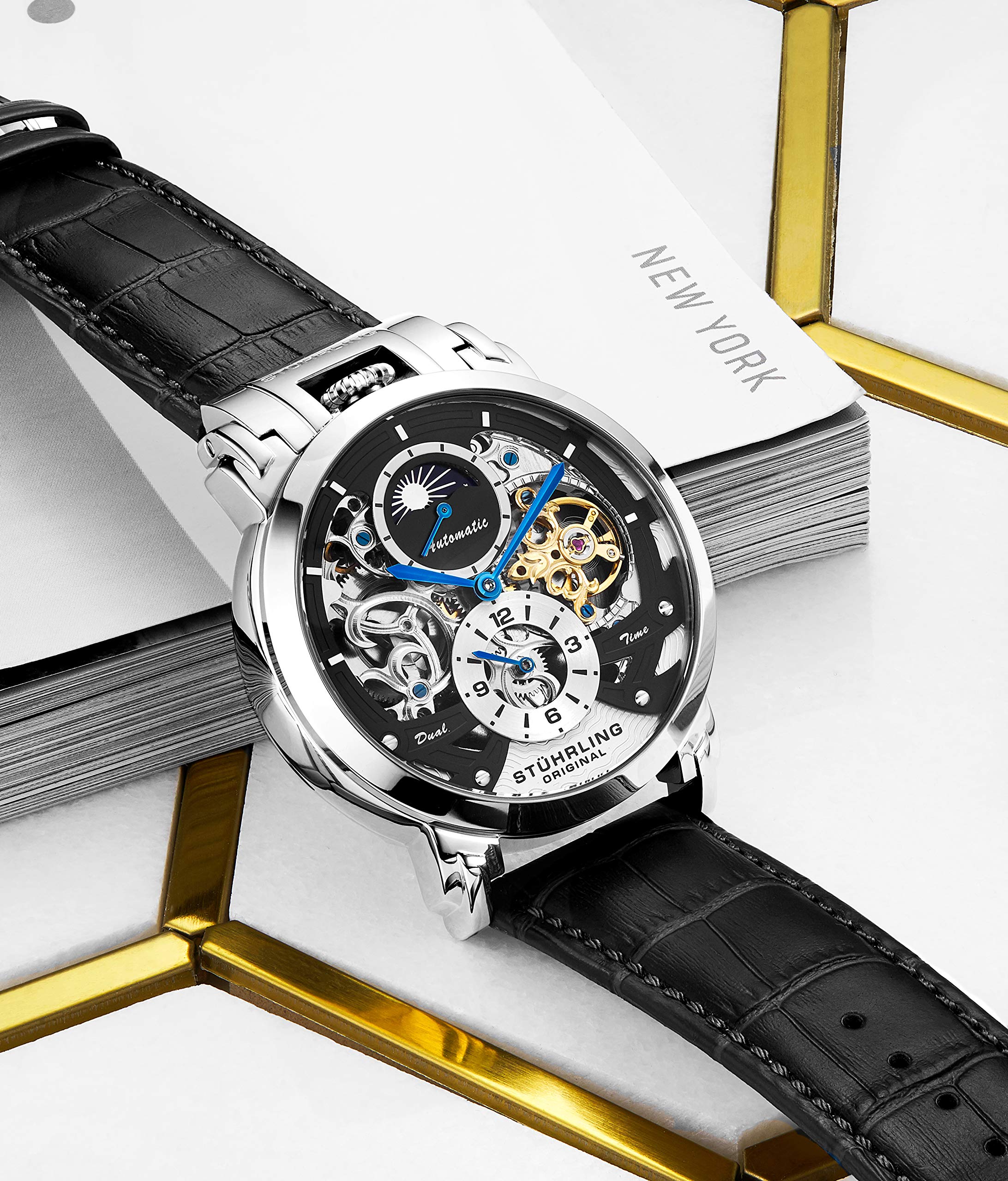 Stuhrling Original Men's Automatic Skeleton Watch - Luxury Leather Dress Watch with Stainless Steel Case - Self-Winding Mechanical Analog Watch for Men - Perfect for Business, Formal Events & Gifts