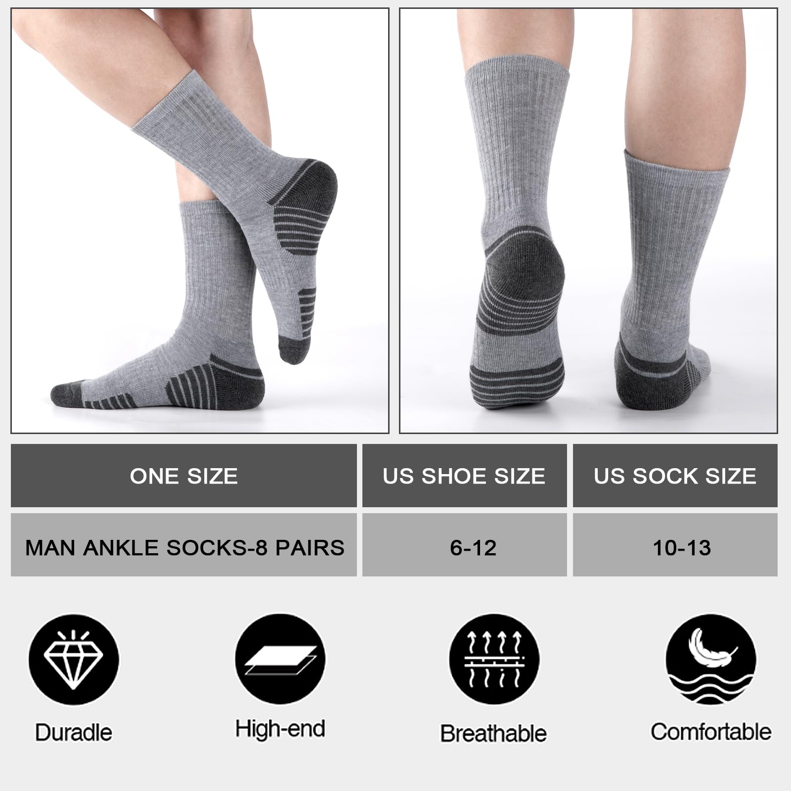 COOVAN 8 Pairs Men's Athletic Crew Socks - Moisture Wicking Cushioned Work Socks for Running, Hiking & Gym - 8 Pack Breathable Comfort Socks for Daily Wear & Sports Activities