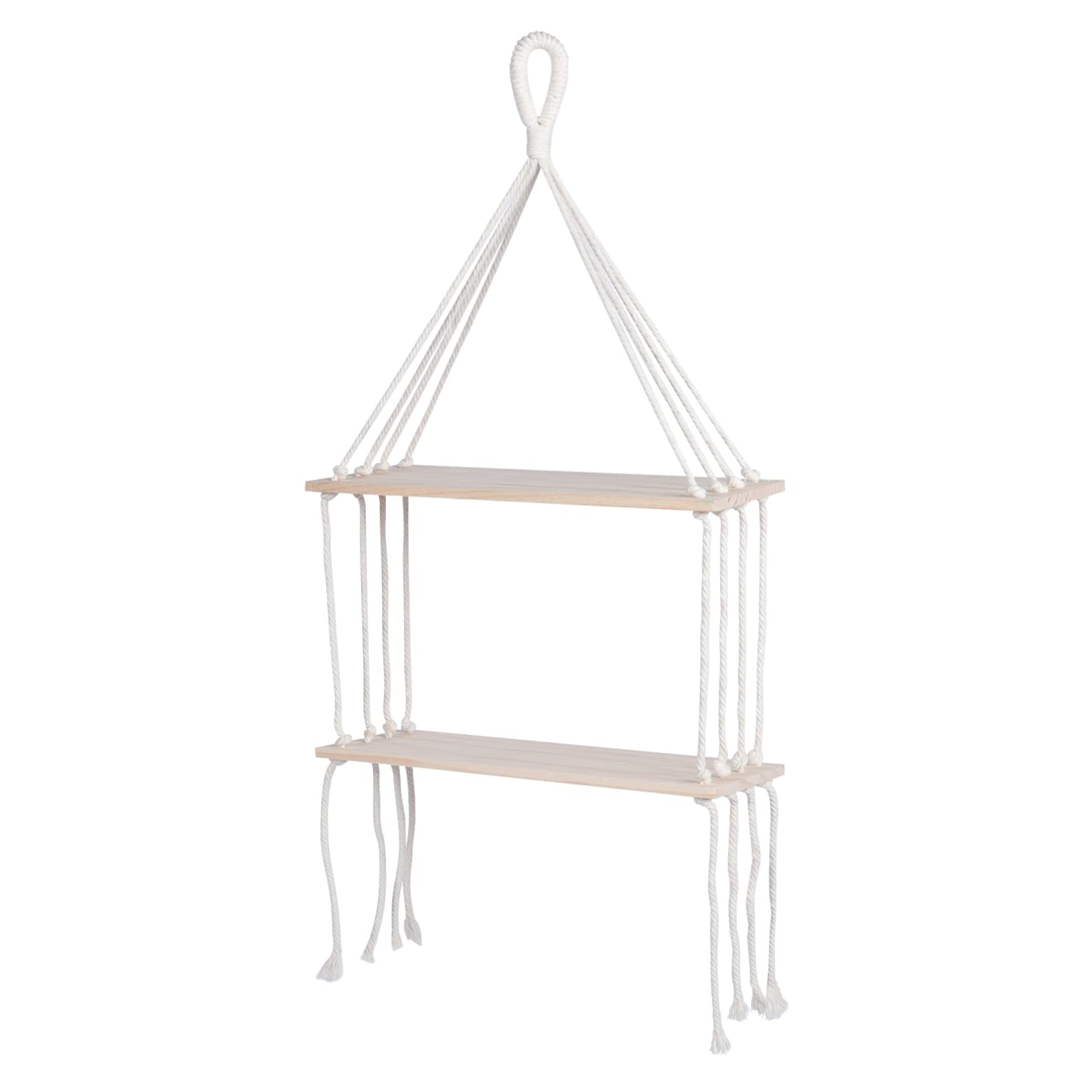 OFFSCH 1pc Macrame Plant Shelf - White Wood Hanging Pot Rack for Indoor Plants, Small Home Decor with Boho Style | Perfect for Living Room, Bedroom, or Kitchen Plant Display