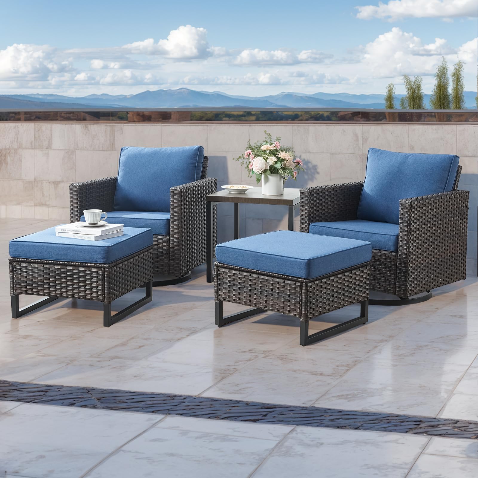 HUMMUH Set of 2 Outdoor Ottomans - PE Wicker Patio Footstools with Removable Weatherproof Cushions for Backyard, Garden & Poolside Relaxation