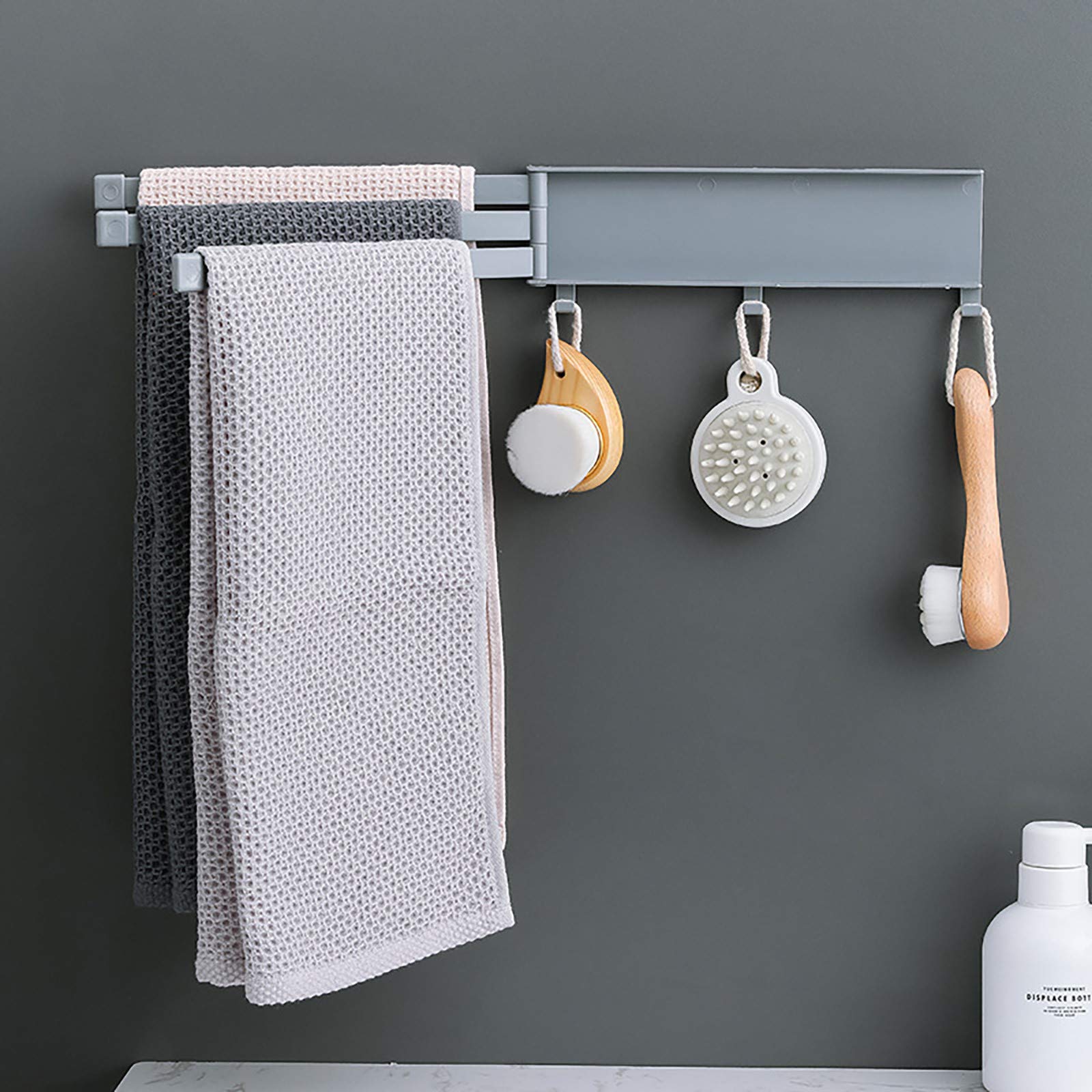 Swing Out Towel Bars - Wall Mounted Non-Perforated Rotary Bathroom Shelf with Self-Adhesive Hooks for Towels & Cups, Space-Saving Gray Towel Rack - Perfect for Small Bathrooms, Kitchens & Dorm Rooms