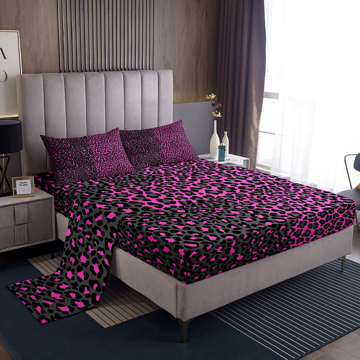 Manfei Queen Size Leopard Print Bed Sheet Set - 4pc Cheetah Pattern Sheets with Deep Pocket (Fitted Sheet + Flat Sheet + 2 Pillowcases) - Soft Black & Purple Animal Print Bedding for Kids, Teens, Boys & Girls - Perfect for Jungle Themed Bedrooms & Wild Animal Lovers
