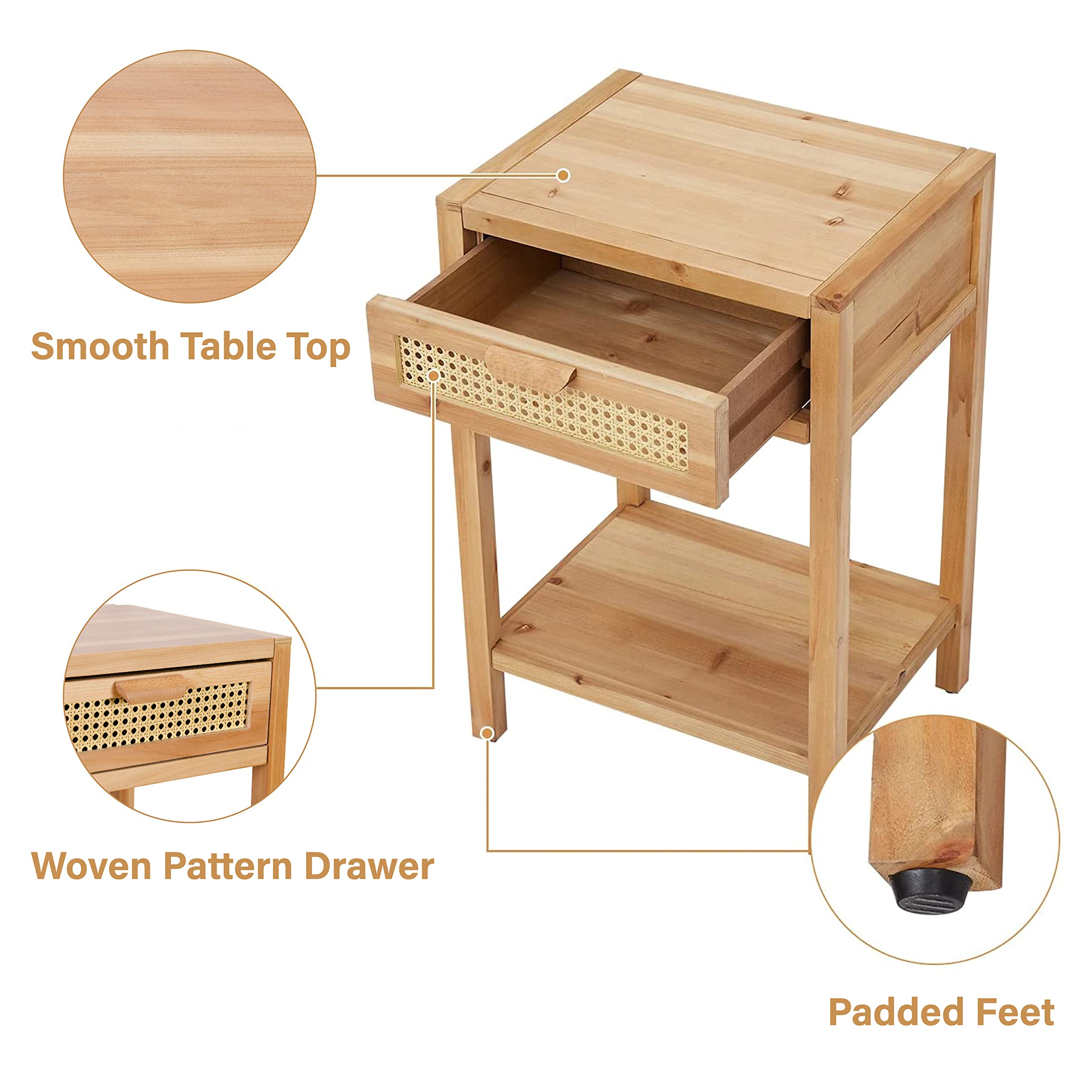 Modern Minimalist Nightstand Set of 2 - Rustic Farmhouse End Tables with Woven Drawer & Shelf Storage - Natural Wood Side Tables for Bedroom, Living Room & Office