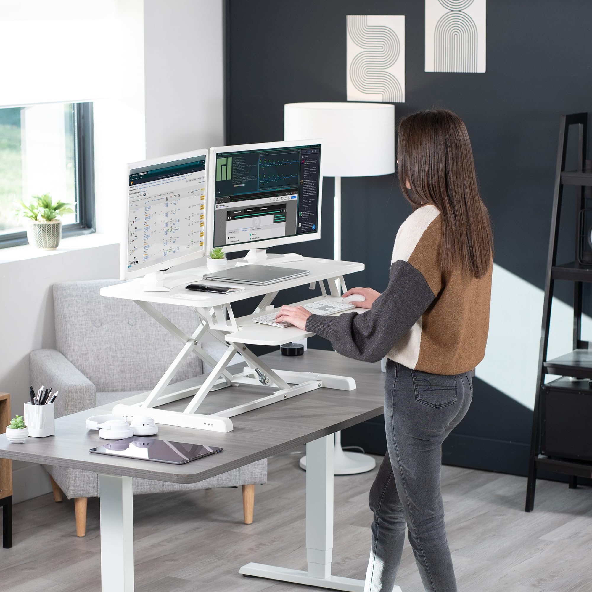 VIVO K Series 38 Inch Height Adjustable Sit to Stand Desk Converter - Dual Monitor & Laptop Workstation with Wide Keyboard Tray, White (DESK-V037KW) - Perfect for Home Office, Gaming & Ergonomic Workspace Setup