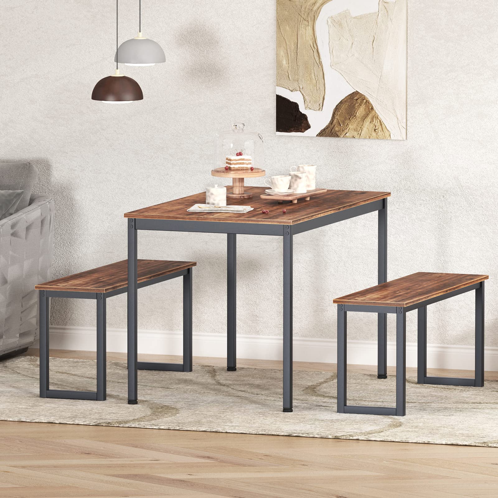 DLANDHOME 4-Piece Industrial Style Wooden Dining Table Set with 2 Benches - Perfect for Small Kitchens, Apartments & Breakfast Nooks | Modern 3-Piece Kitchen Table Set for Dining Room, Coffee Time & Family Gatherings