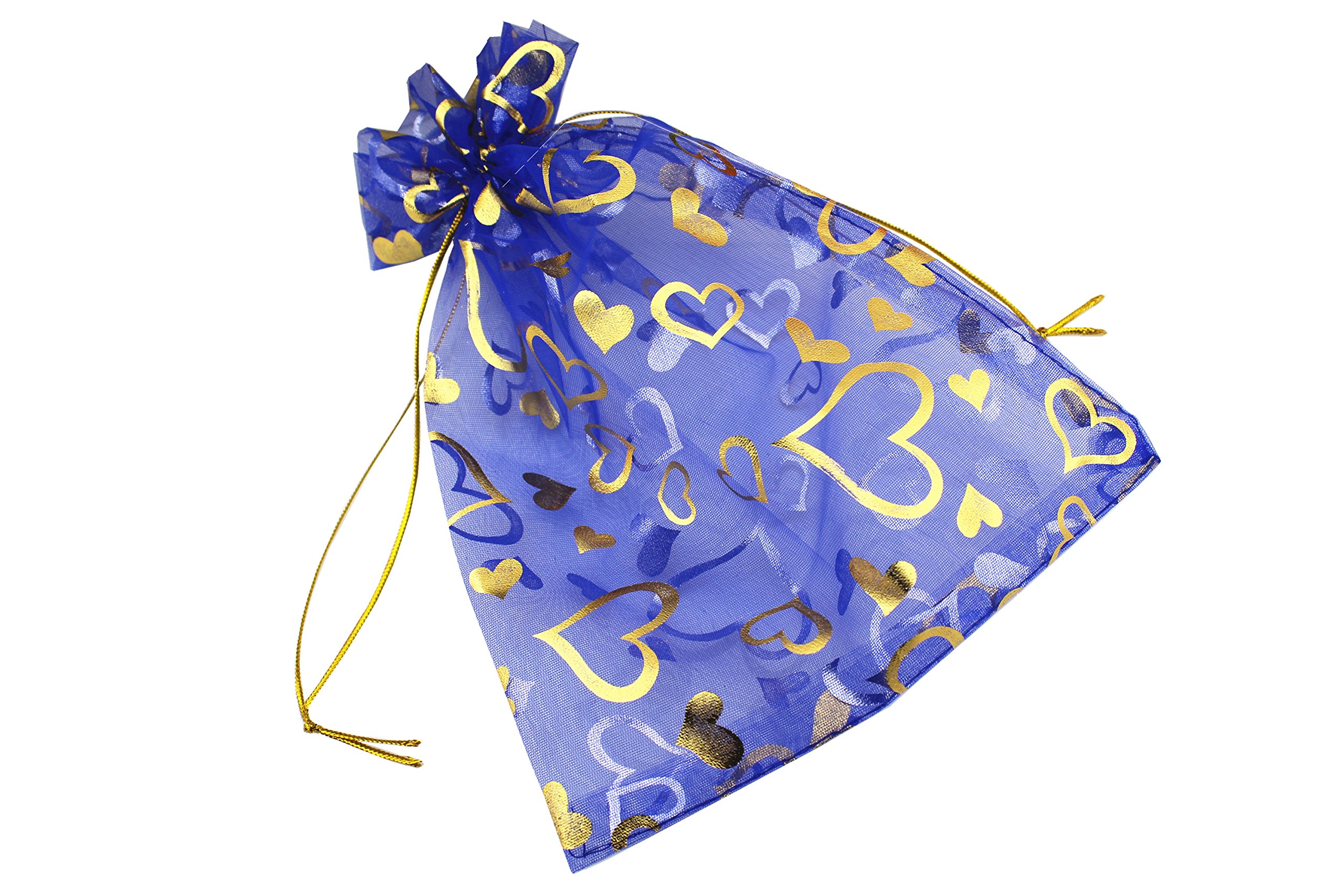 100 Pack 7x9 Inch Royal Blue Heart Drawstring Organza Bags - Jewelry Gift Pouch, Wedding Favor Bags, Candy Pouch for Party Favors, Bridal Shower, Baby Shower & Special Events