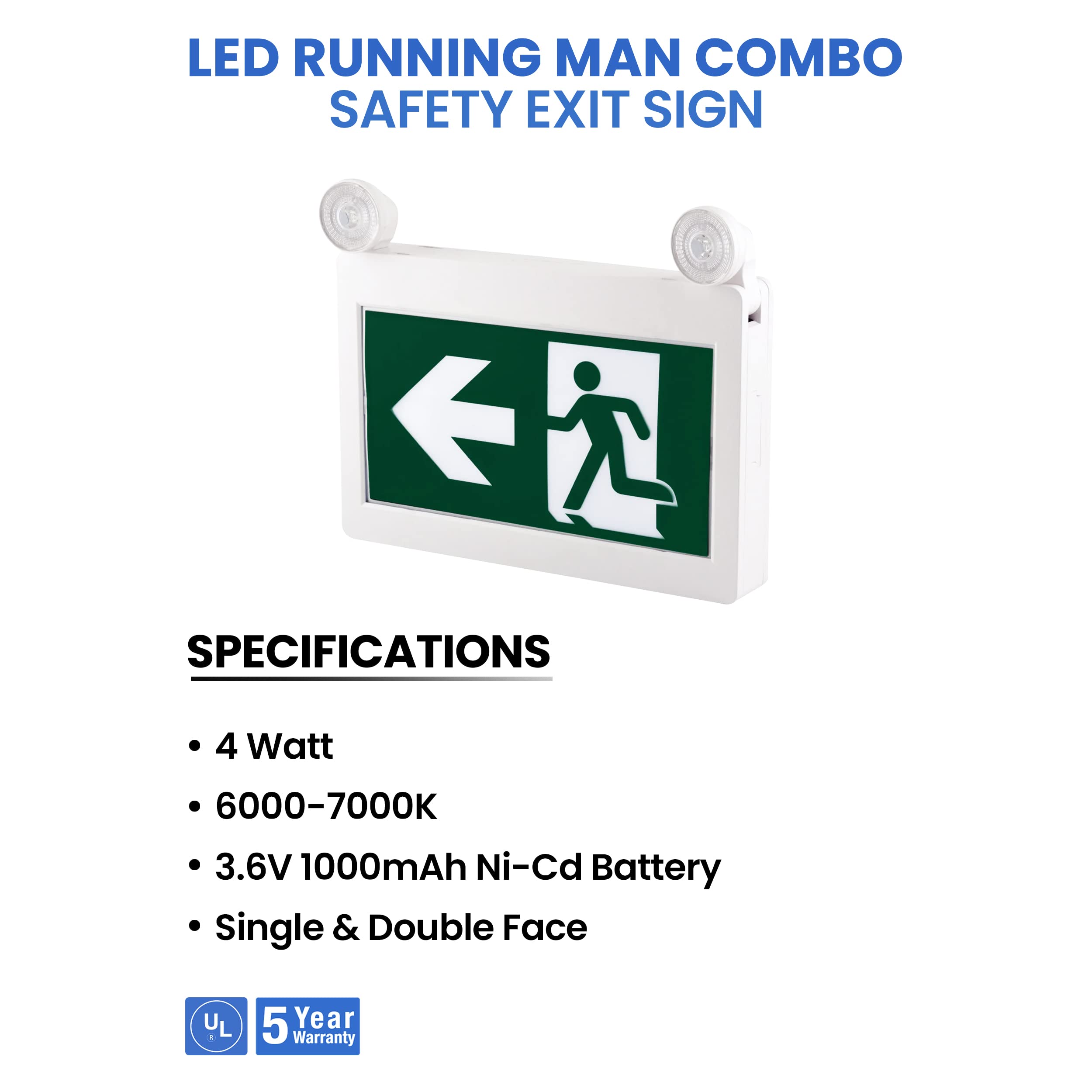 Emergency Exit Sign with LED Lights & Battery Backup - 90 Min Runtime, 2-Head Design (Running Man Symbol) - Ideal for Offices, Warehouses & Commercial Buildings