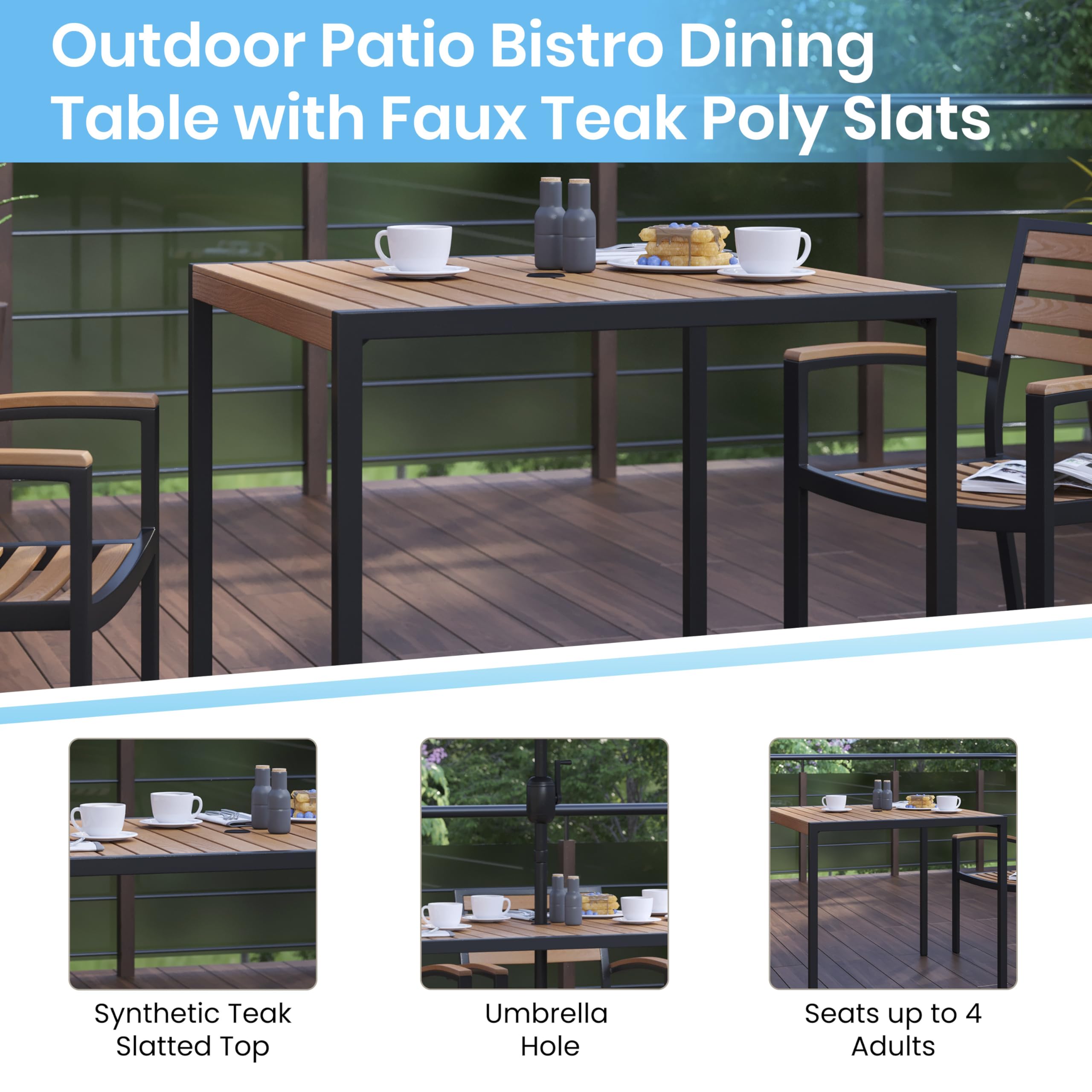 Emma & Oliver 7-Piece Outdoor Patio Dining Set with 4 Stackable Synthetic Teak Chairs, 35