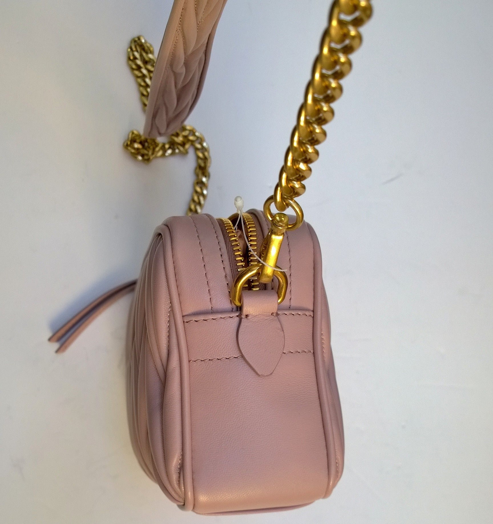 Miu Miu Matelasse Leather Camera Bag in Dusty Pink Mauve with Gold Chain - Stylish Crossbody Purse for Women, Perfect for Date Night & Travel Accessories
