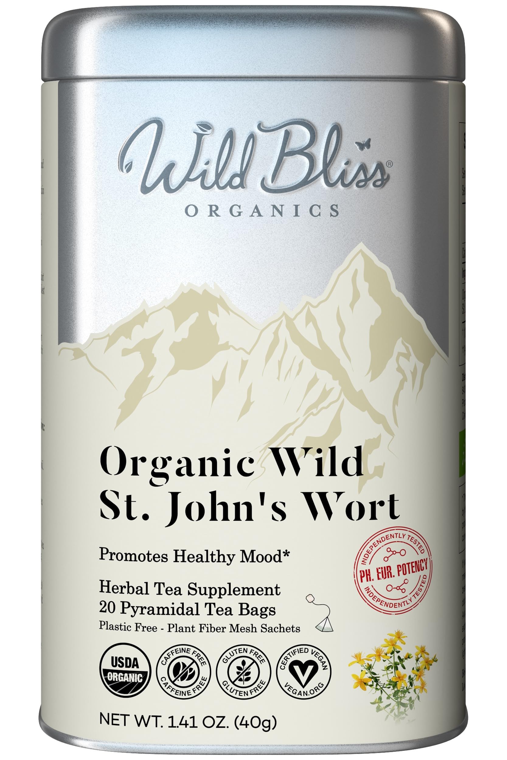 Wild Bliss Organic St. John's Wort Herbal Tea - Caffeine Free Mood Support & Stress Relief - Pharmacopoeia Strength - 20 Plant-Based Tea Bags - Perfect for Relaxation, Meditation & Evening Wind-Down
