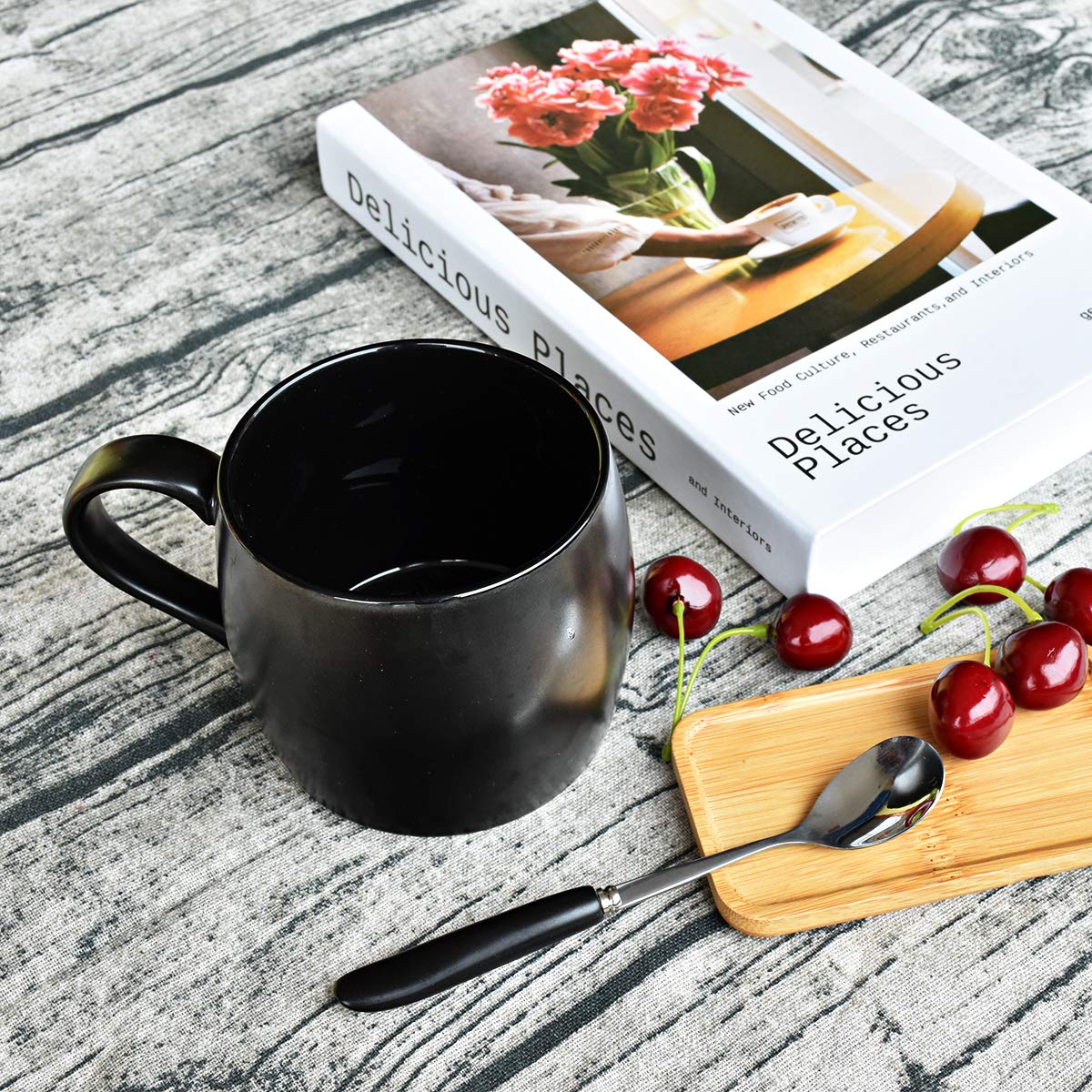 Bosmarlin 14 oz Ceramic Coffee Mug with Spoon - Matte Black Tea Cup for Office, Home, Travel - Dishwasher & Microwave Safe - 1 Pack - Perfect for Hot Beverages, Gifts, and Daily Use