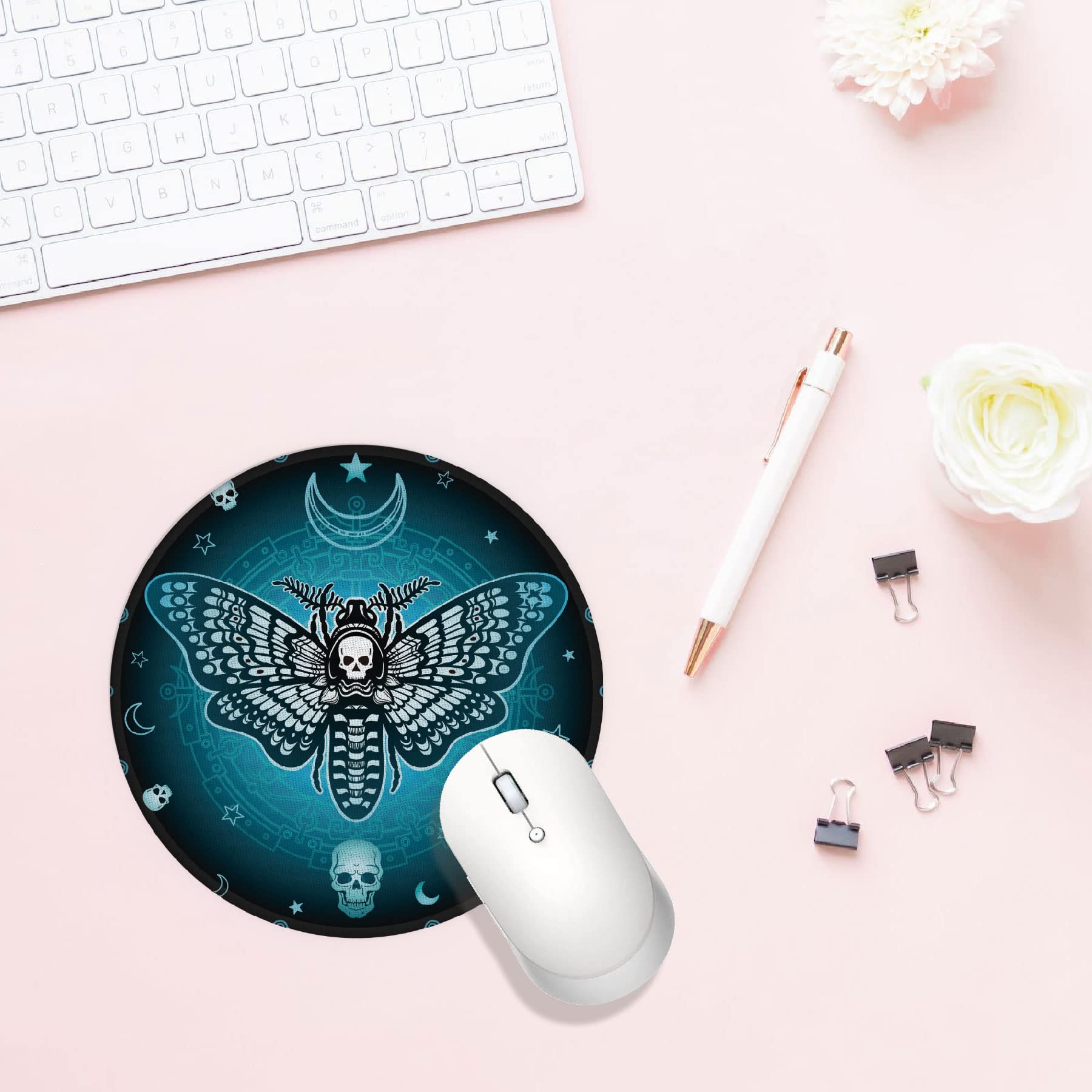 Gothic Blue Butterfly Skull Mouse Pad - 7.9 x 7.9 Inch Waterproof Non-Slip Rubber Base Round Mousepad for Office, Home, Dorm Desk Decor - Perfect Gift for Gothic Lovers, Sisters & Daughters - Great for Gaming, Work & Study Setups