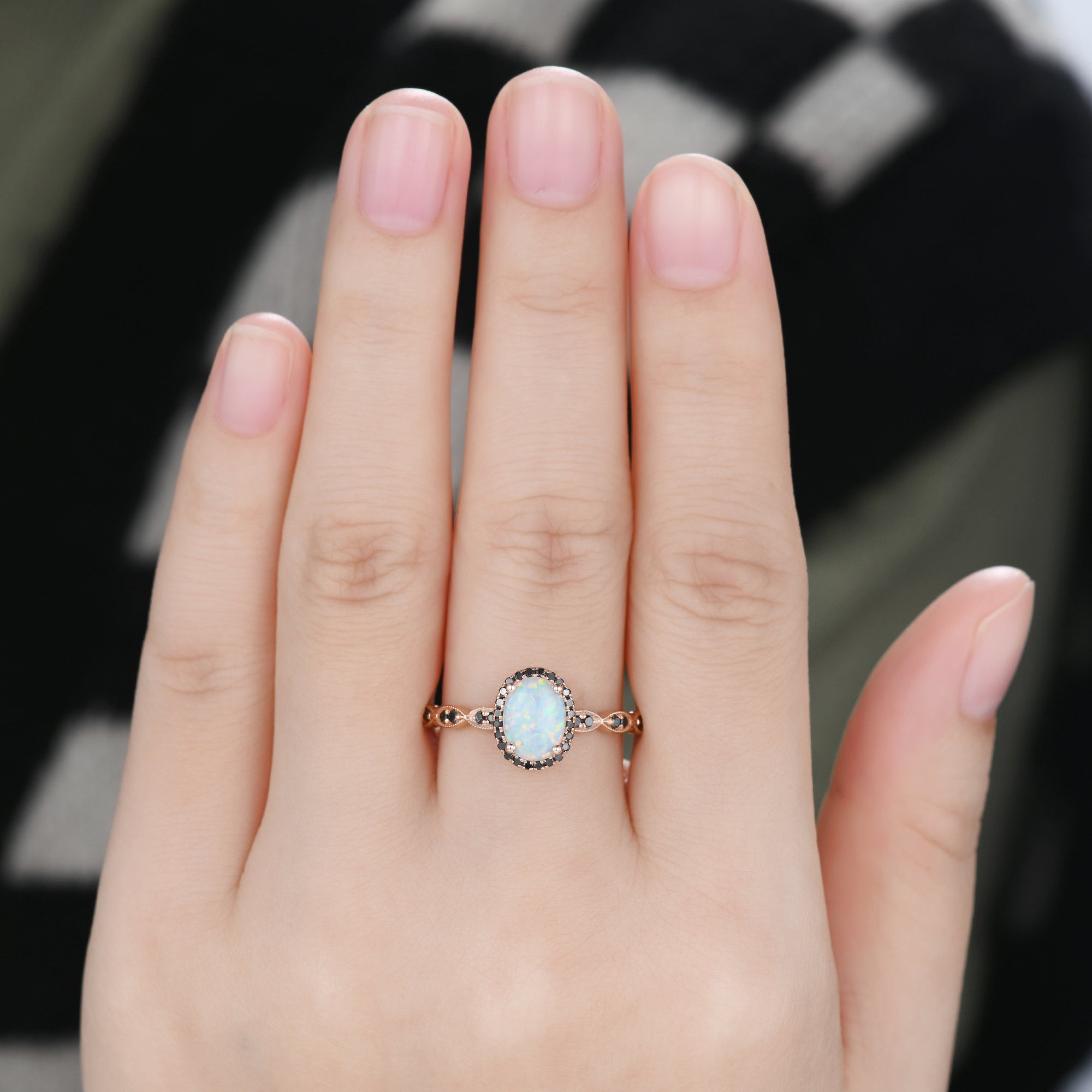Exquisite Art Deco Opal & Black Diamond Engagement Ring in Rose Gold with Milgrain Detailing - Perfect for Vintage-Inspired Wedding Proposals & Anniversary Gifts