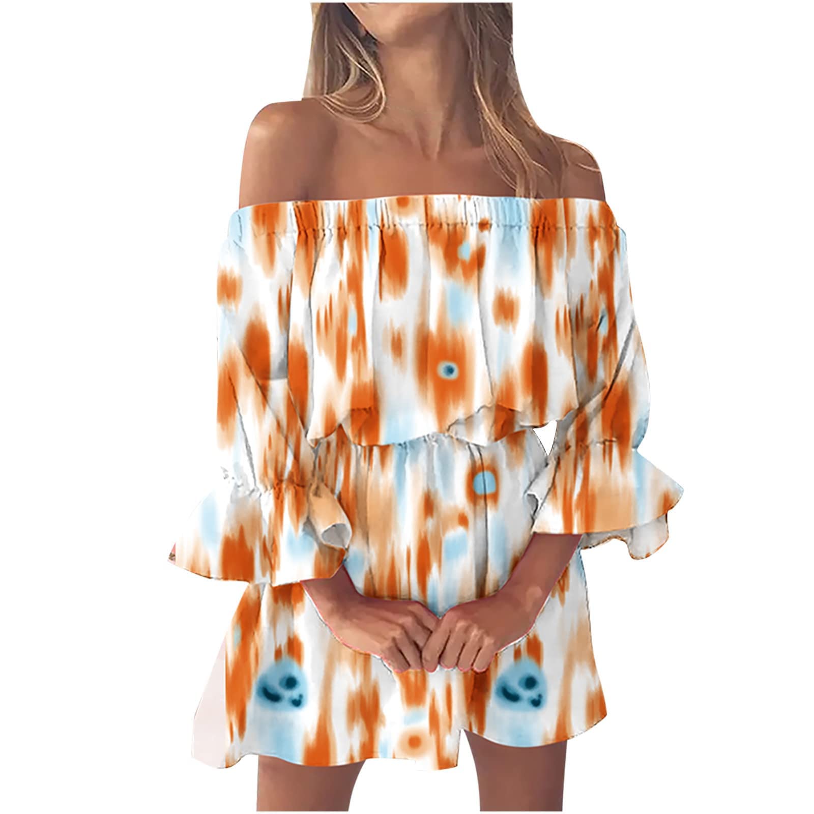 Sexy Off Shoulder Summer Dresses for Women - Floral Print Boho Sundress with Bell Sleeves | Loose Fit Short Sun Dress for Beach, Vacation & Outdoor Parties