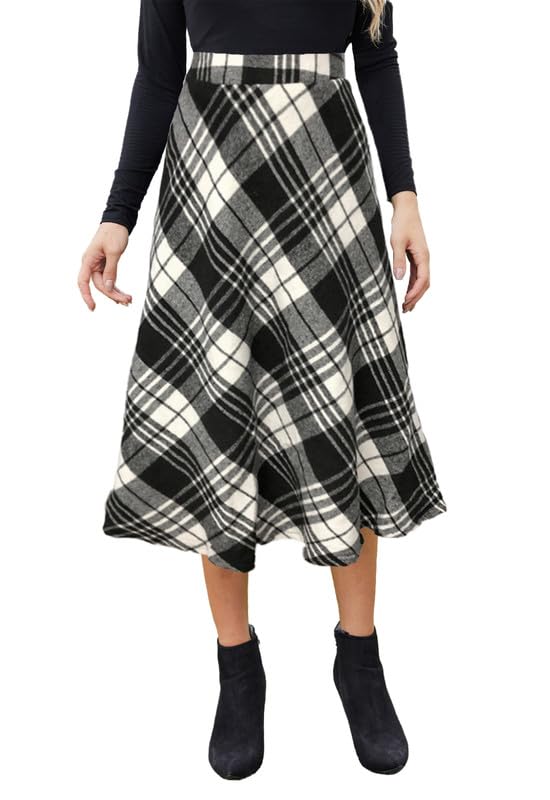 JayscreateEU Women's Midi Plaid Skirt with Pockets - High Elastic Waist Flowy Long Skirt for Office, Party & Casual Wear