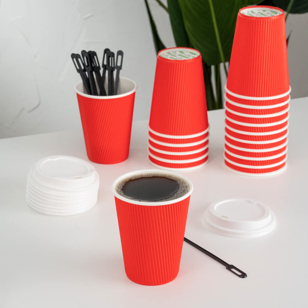 12oz Insulated Coffee Cups with Lids (200 Pack) - Leakproof & Non-Slip Red Disposable Paper Cups for Hot Beverages - Perfect for Coffee, Tea, Hot Cocoa & Lattes in Restaurants, Cafés & Offices