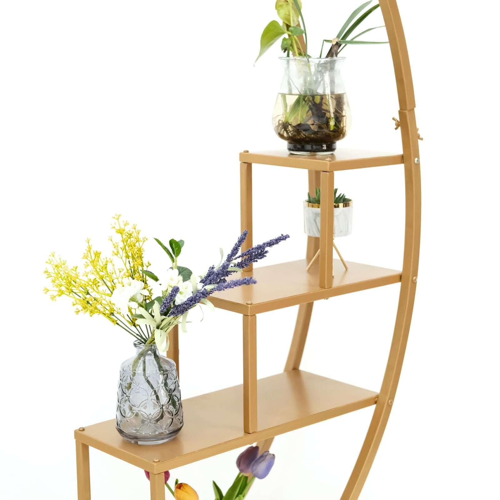 Efavormart 4.5ft Gold Metal 4-Tier Half Moon Plant Shelf with Hanging Hooks - Cupcake Dessert Display Stand for Home Decor, Wedding, Party & Retail Store Display