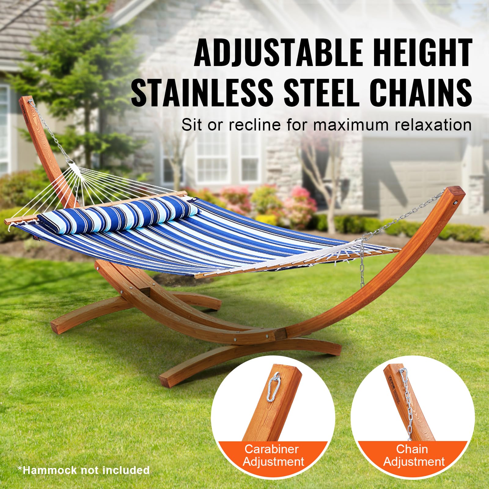 VEVOR Wooden Hammock Stand - 475 lbs Capacity Universal 2 Person Hammock Frame for 9-13 ft Hammocks, Adjustable Larch Wood Arc Stand with Chains & Carabiners - Perfect for Backyard, Patio, Camping & Indoor Relaxation