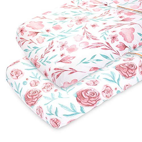 Soft Pink Floral Changing Pad Covers - Waterproof & Washable Baby Diaper Changing Mat Cover for Nursery, Travel & On-the-Go Use