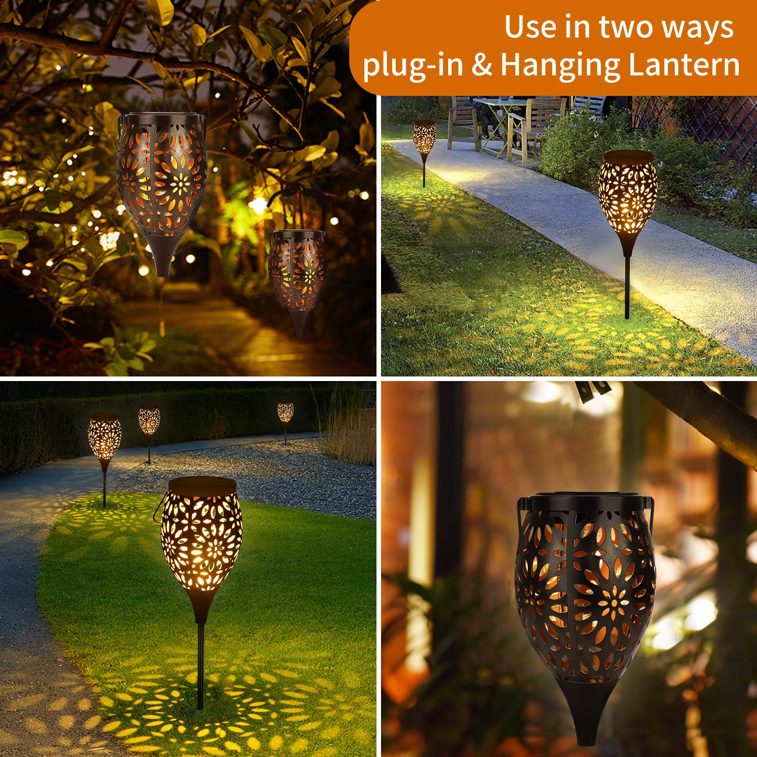 Solar Powered Outdoor Stake Lights & Hanging Lanterns 2-in-1 - Waterproof LED Garden Landscape Lighting for Pathways, Walkways, Yards, Lawns & Patios - Decorative Metal Torch Lights (2 Pack) - Perfect for Evening BBQs, Pool Parties & Backyard Decor