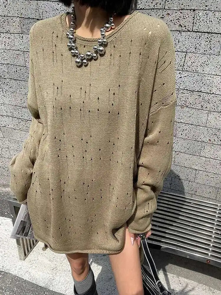 Black Hollow Out Oversized Knit Sweater for Women - Round Neck Long Sleeve Pullover | 2025 New Fashion Spring Autumn Casual Wear | Perfect for Office, Dating & Weekend Outfits (Style 1DJ0057)