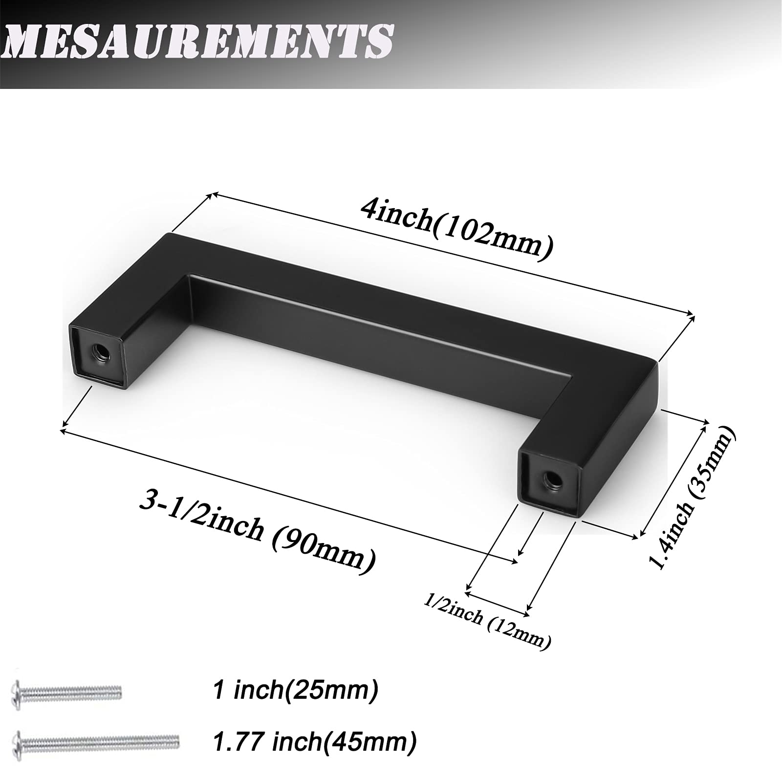 Probrico 50 Pack Black Kitchen Cabinet Pulls - Stainless Steel 3.5 Inch Hole Center Cabinet Handles, Square Corner Bar Drawer Pulls for Modern Kitchens, Bathrooms & Office Furniture (Easy Installation & Durable)