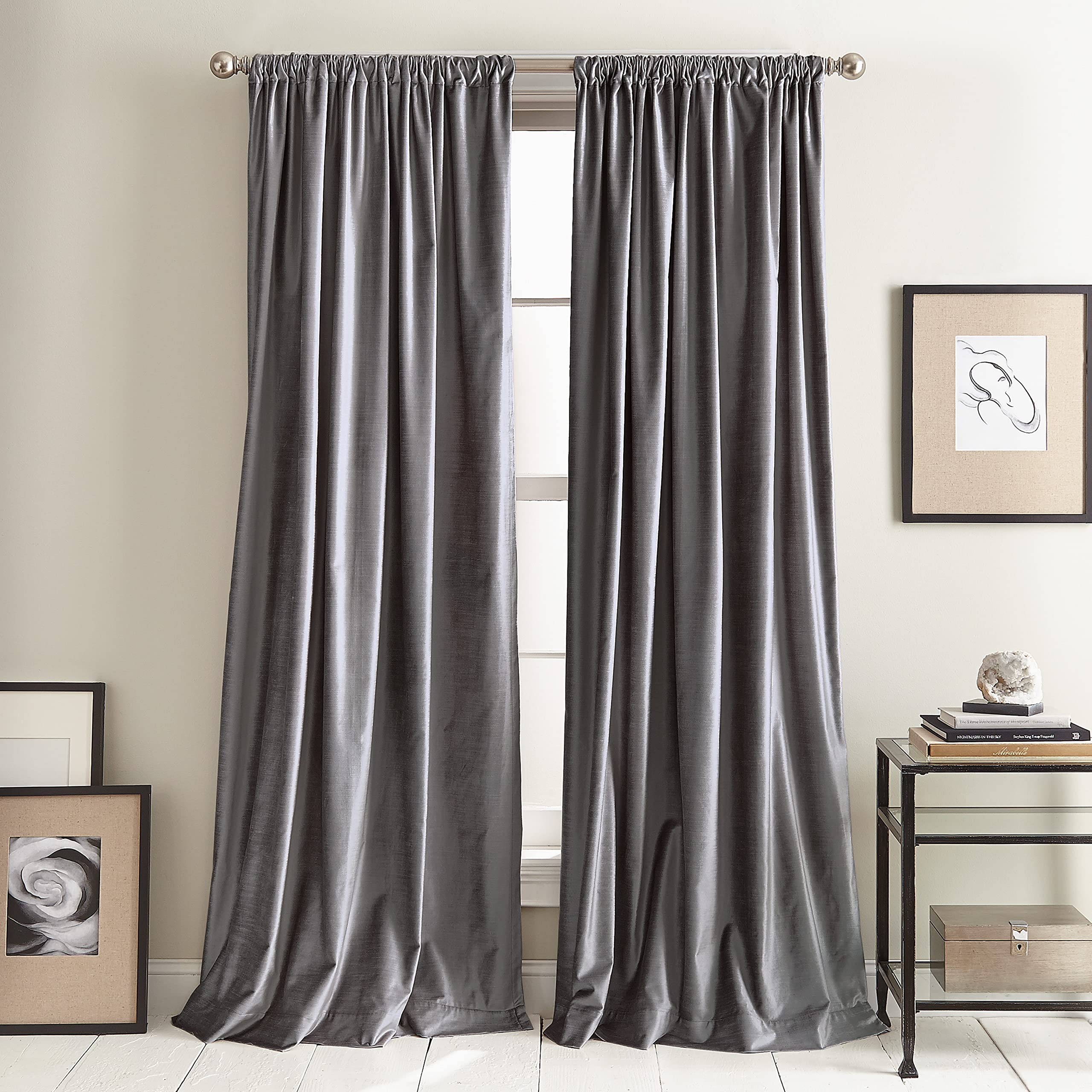DKNY Modern Knotted Velvet Lined Curtain Panels (Pair) - 96 Inch Charcoal Blackout Drapes for Living Room & Bedroom Window Treatments