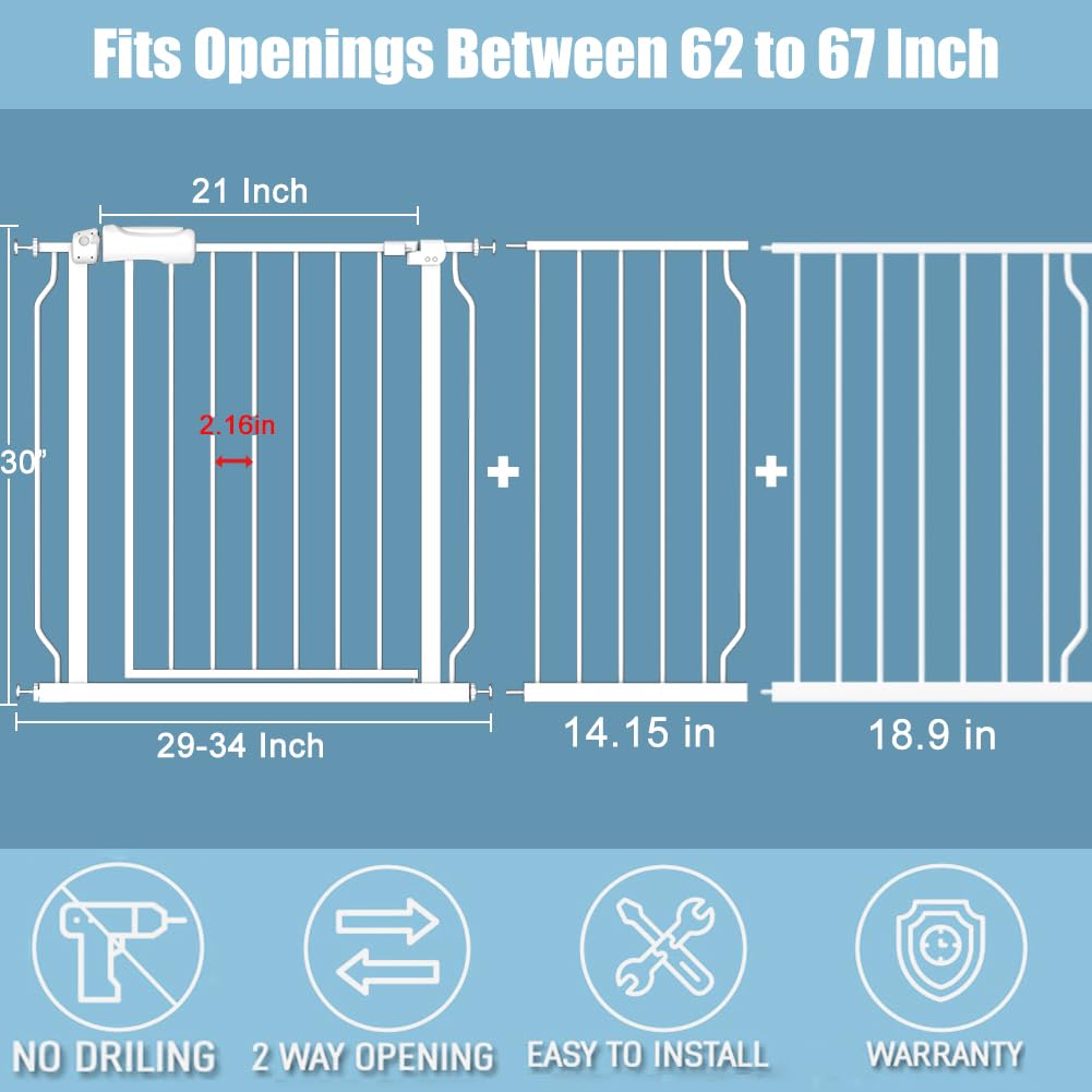 Extra Wide Baby Gate 62-67 Inch - Pressure Mount No Drill Safety Gate for Stairs, Doorways, Hallways - Walk Through Design for Toddlers, Kids & Pets - Indoor/Outdoor Use for Home, Nursery, Playroom