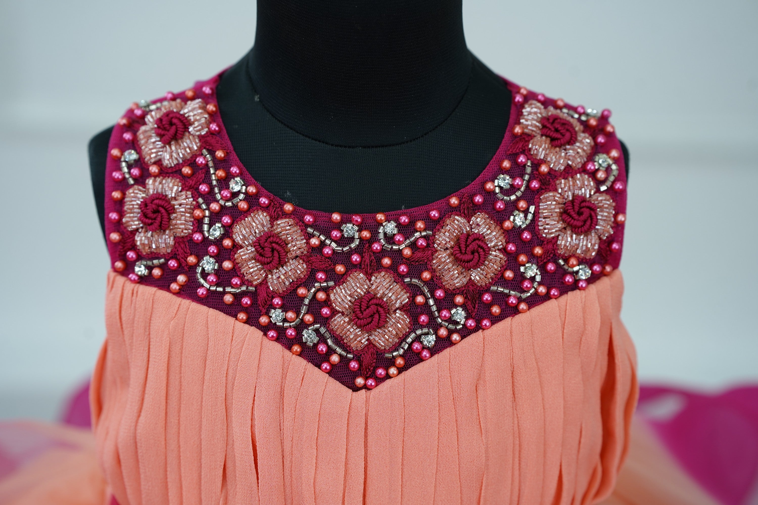 Pre Order: Peach & Dark Pink Double Shaded Twirled Party Gown with Hand-Embroidered Yoke - Perfect for Prom, Evening Gala & Special Occasions