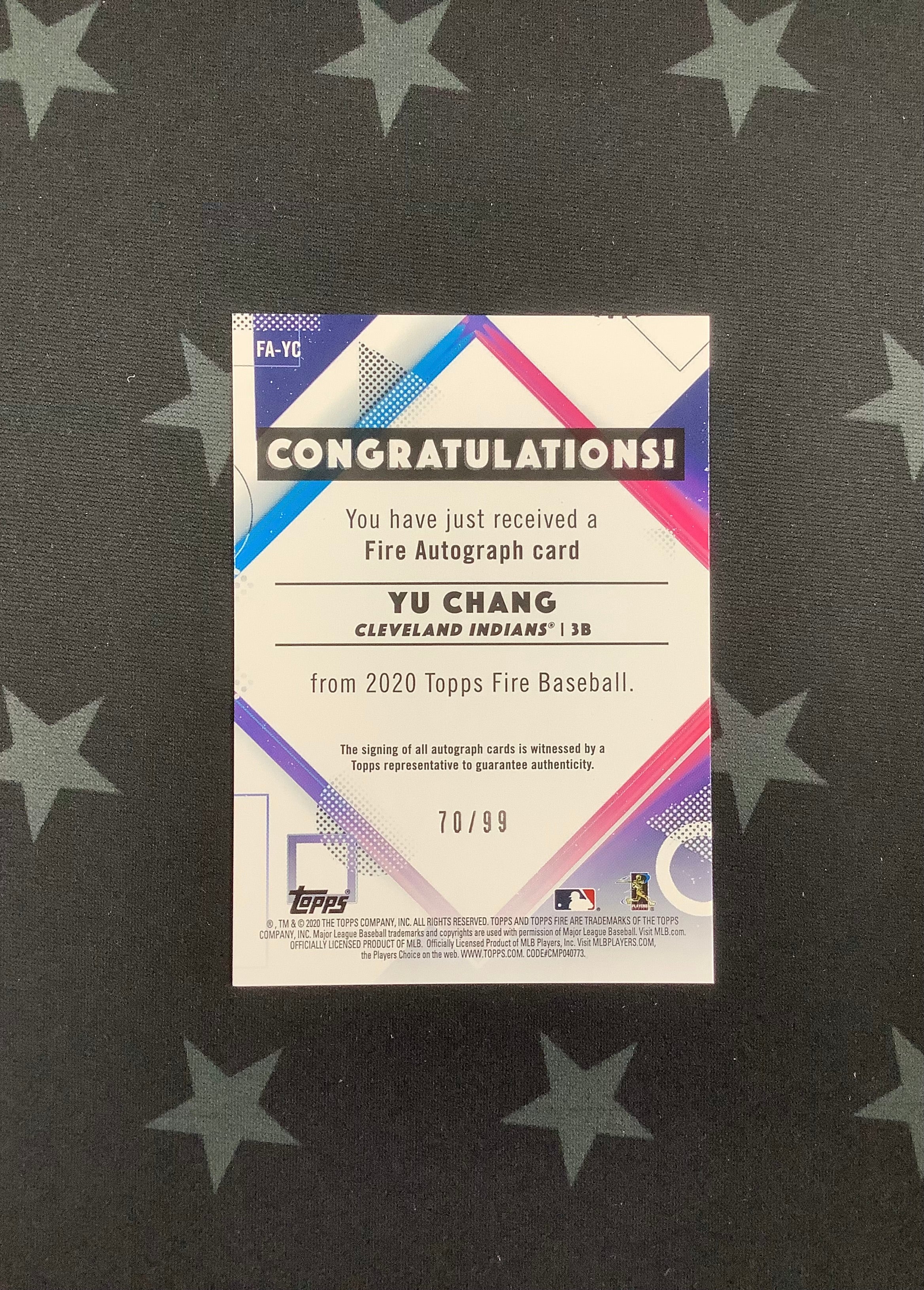 2020 Topps Finest Baseball Yu Chang Rookie Autograph Card #FA YC /99 - Rare Collectible for MLB Fans & Sports Memorabilia Enthusiasts