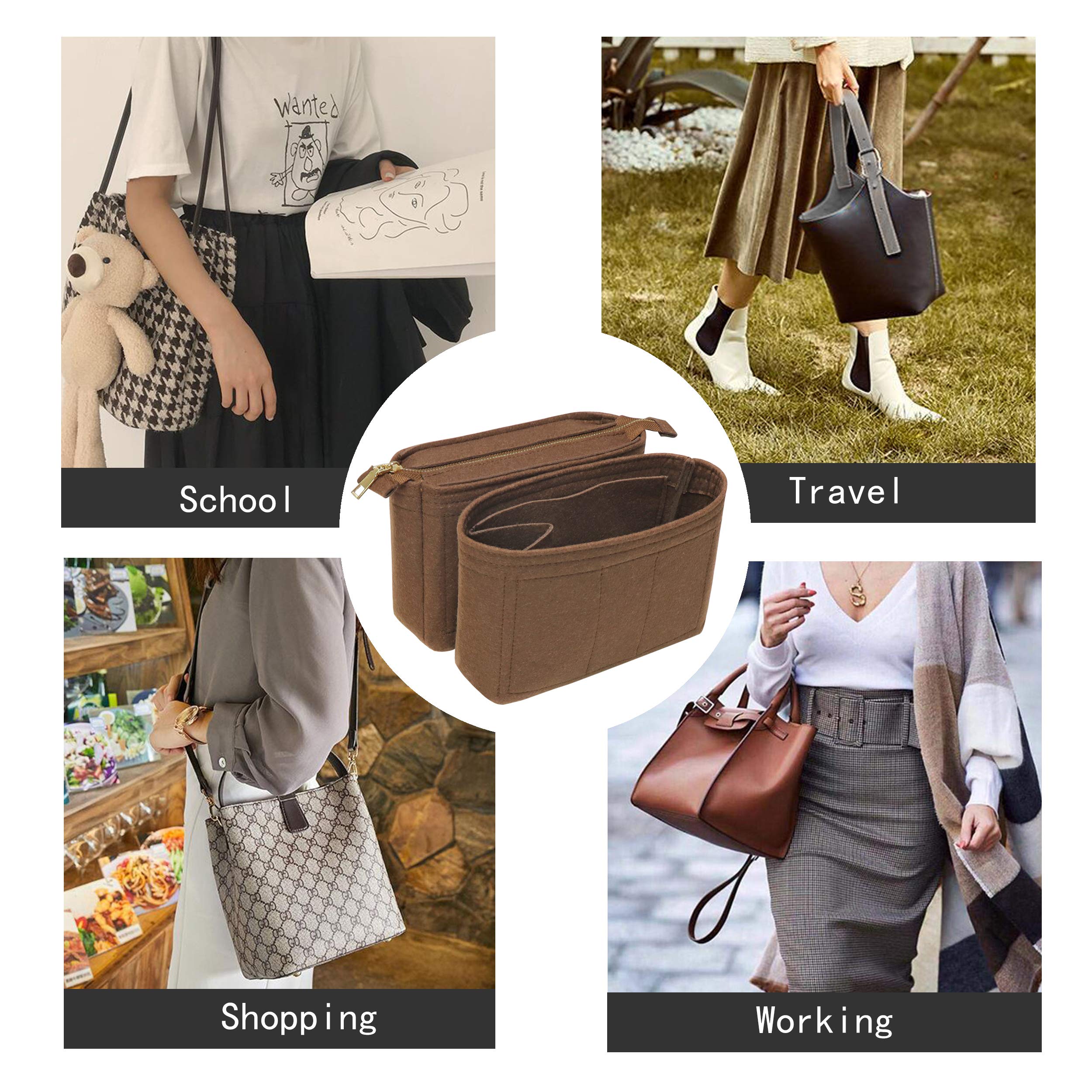 Soyizom 2-Pack Purse Organizer Insert with Zipper for Louis Vuitton Neo Noe & Small Handbags - Coffee Color | Perfect for Women's Bag Organization & Travel Accessories