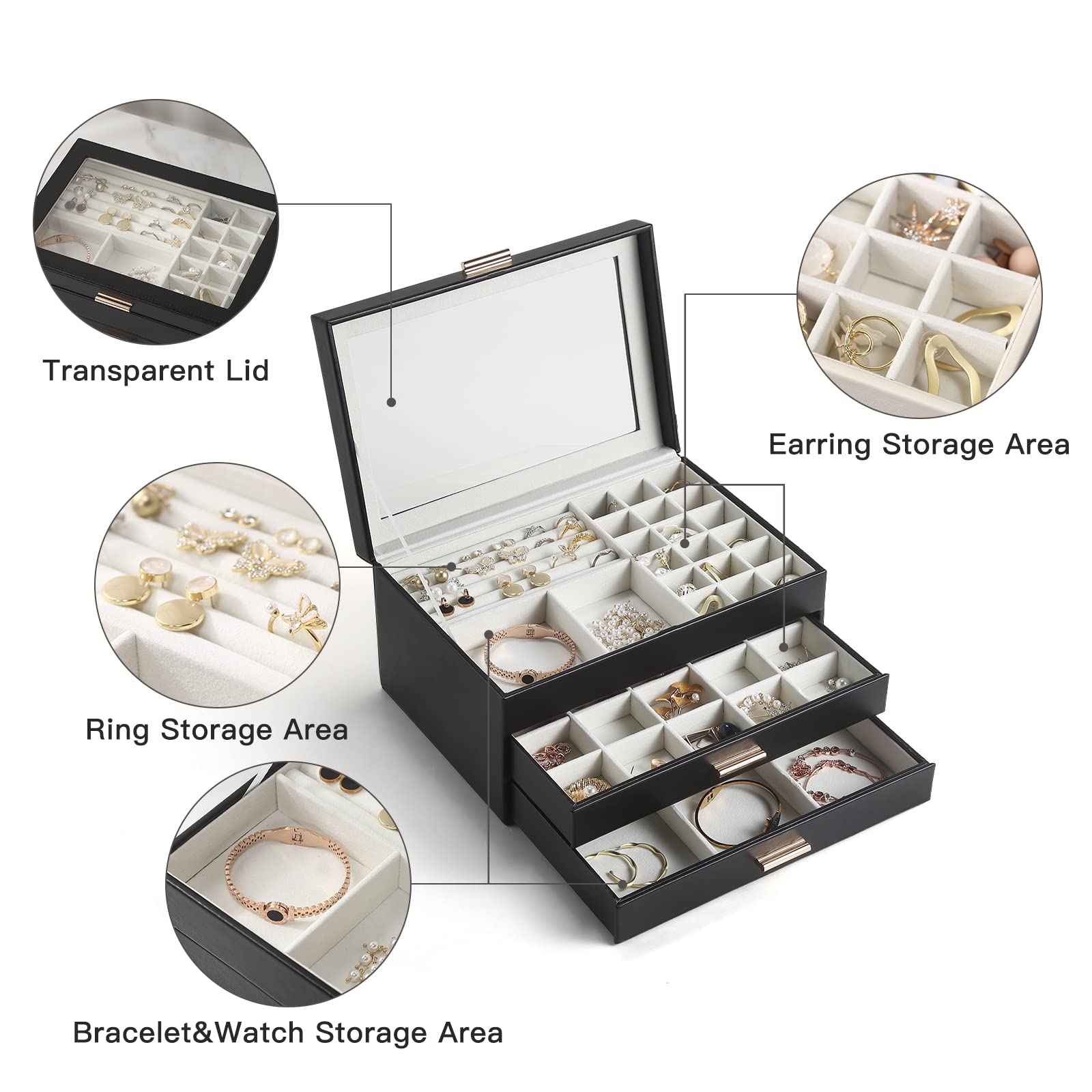 CASEGRACE 3-Layer Jewelry Box with Glass Lid & Double Drawers - Large Jewelry Organizer for Necklaces, Bracelets, Earrings & Rings - Elegant Jewelry Storage Case for Women's Dresser (Black) | Perfect for Bedroom Vanity, Travel & Gift Giving