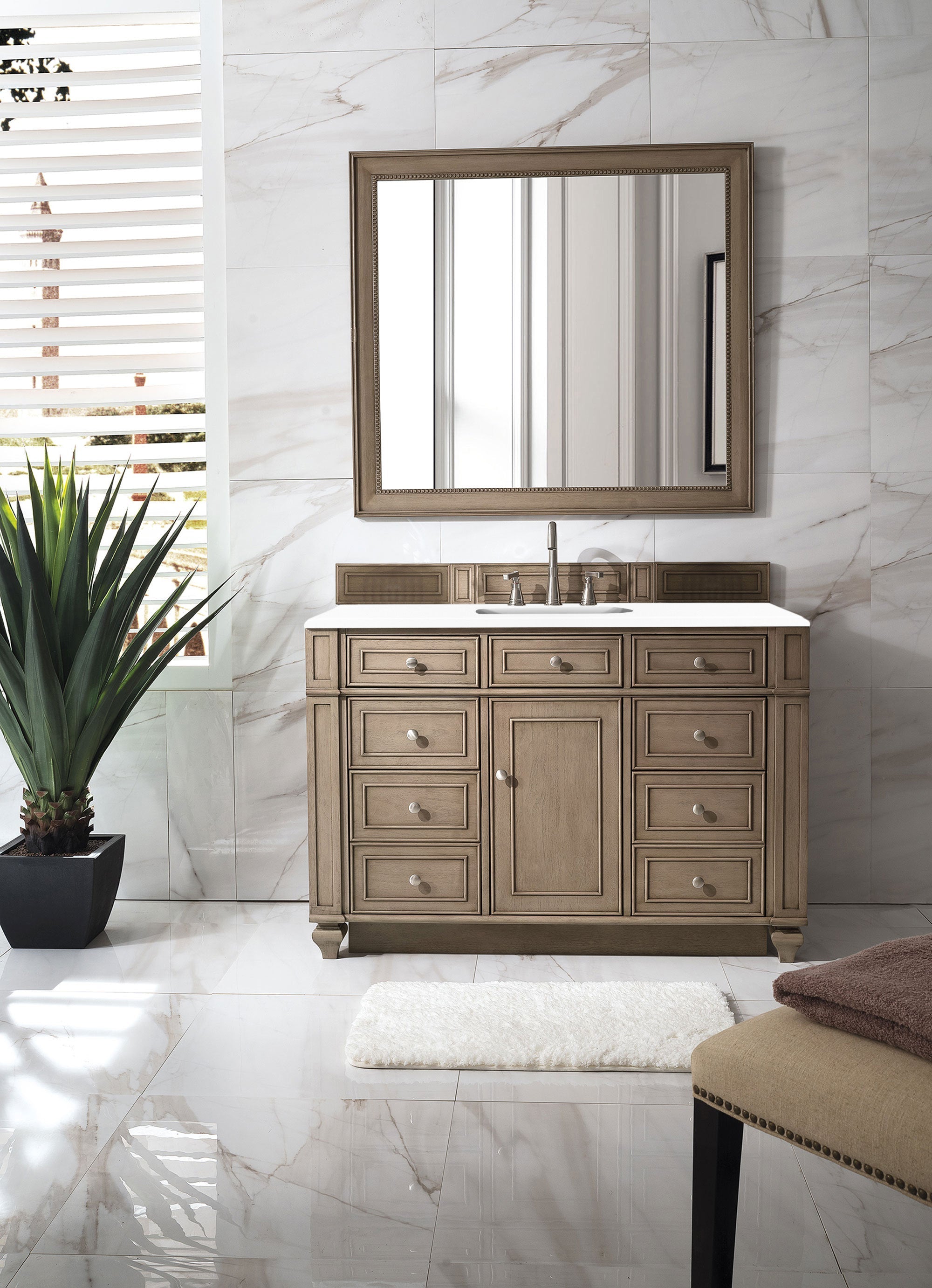 Bristol 48 Inch Single Bathroom Vanity in Whitewashed Walnut with 3CM Classic White Quartz Countertop - Perfect for Modern Farmhouse, Coastal, or Transitional Style Bathrooms