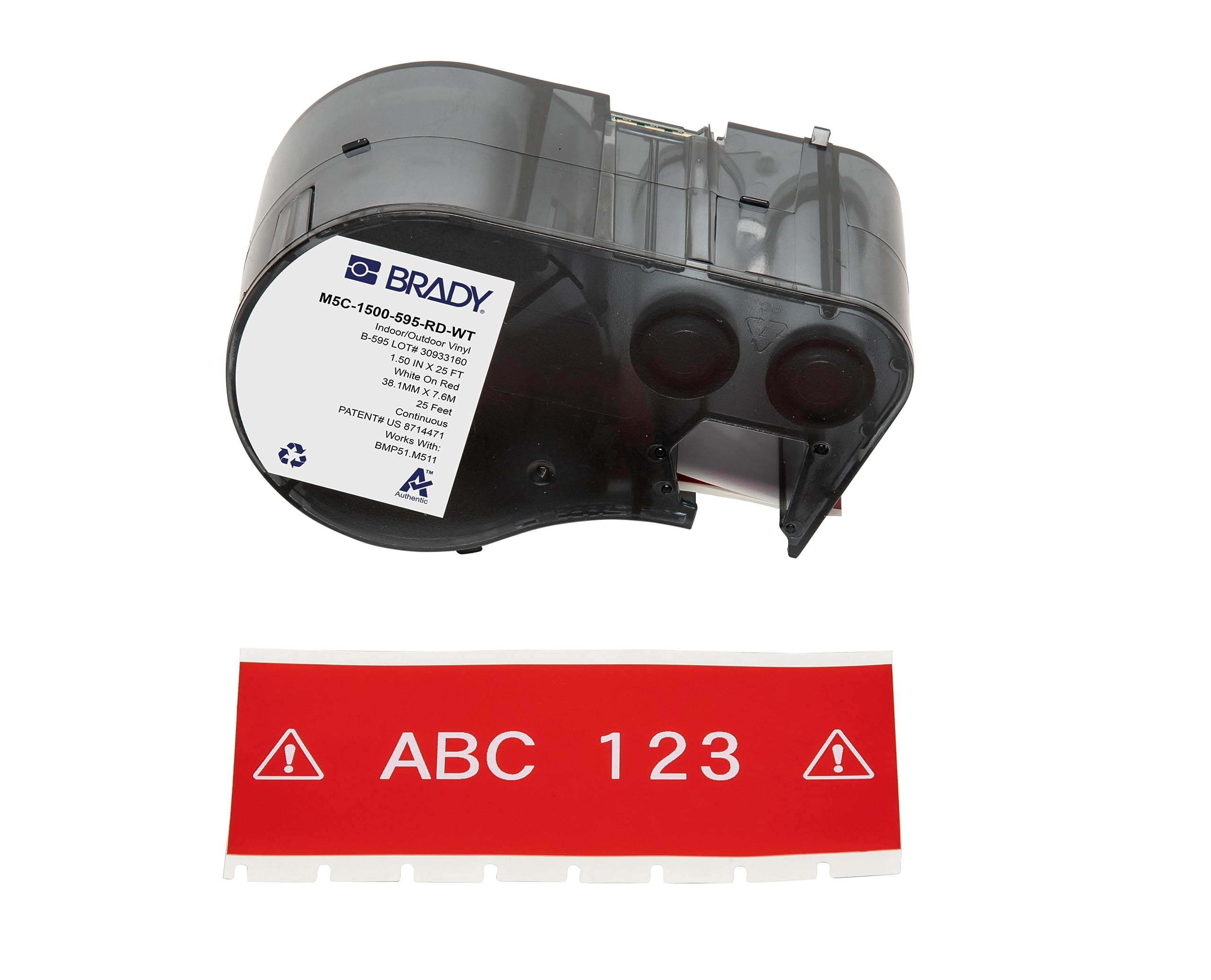 Brady Authentic M5C-1500-595-RD-WT All-Weather Vinyl Labels 1.5 Inch Wide x 25ft Roll - White Text on Red Background - Compatible with BMP51, M510, M511 Label Printers - Ideal for Industrial, Warehouse & Outdoor Equipment Labeling