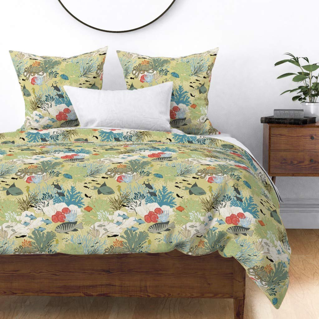 Coral Reef Yellow Ocean Fish Octopus Beach Nautical Print Cotton Sateen Duvet Cover - King/California King Size | Custom Beach Themed Bedding for Coastal & Nautical Home Decor