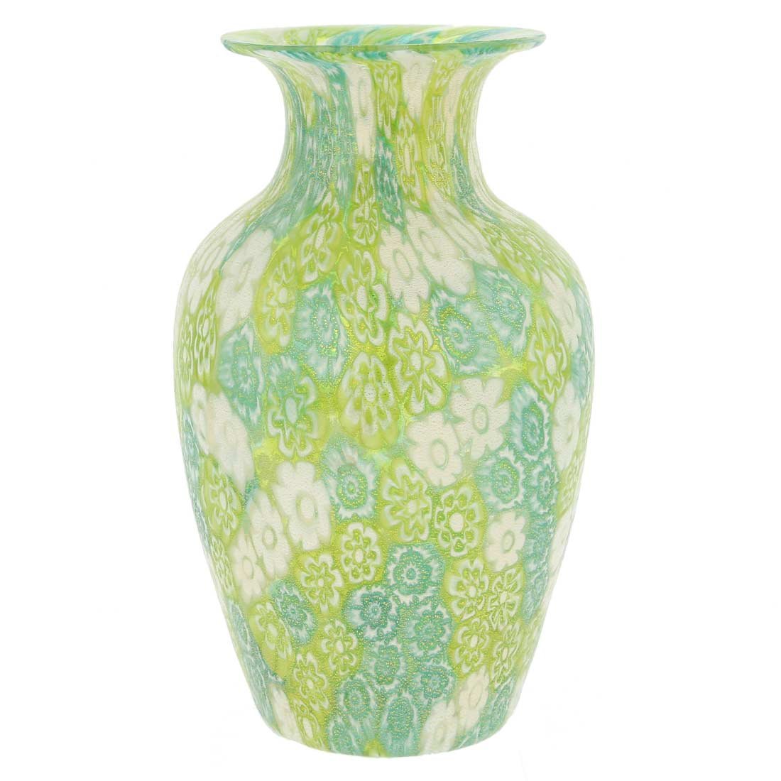 Venetian Murano Glass Golden Quilt Millefiori Urn Vase - Handcrafted Green Art Glass Vase for Home Decor, Wedding Centerpiece & Luxury Gift