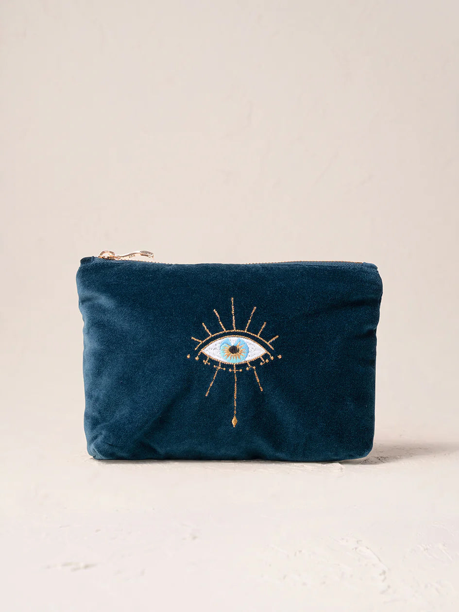 Elizabeth Scarlett Velvet Mini Pouch - Ink Blue Mystical Eye Design | Small Makeup Bag & Jewelry Organizer | Perfect for Travel, Parties & Gift Giving