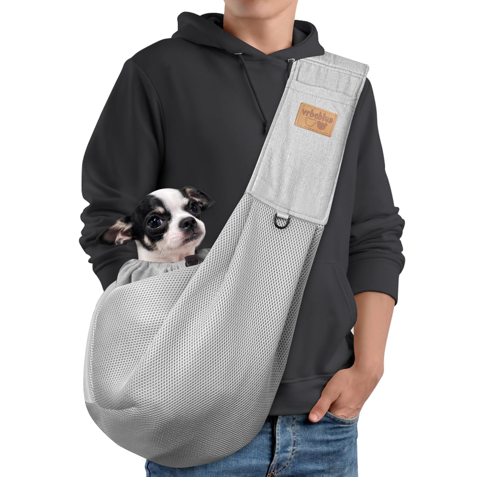 Breathable Mesh Dog Sling Carrier - Adjustable Hands-Free Pet Sling with Pocket for Small Dogs | Travel, Hiking & Outdoor Use (Grey, Large)