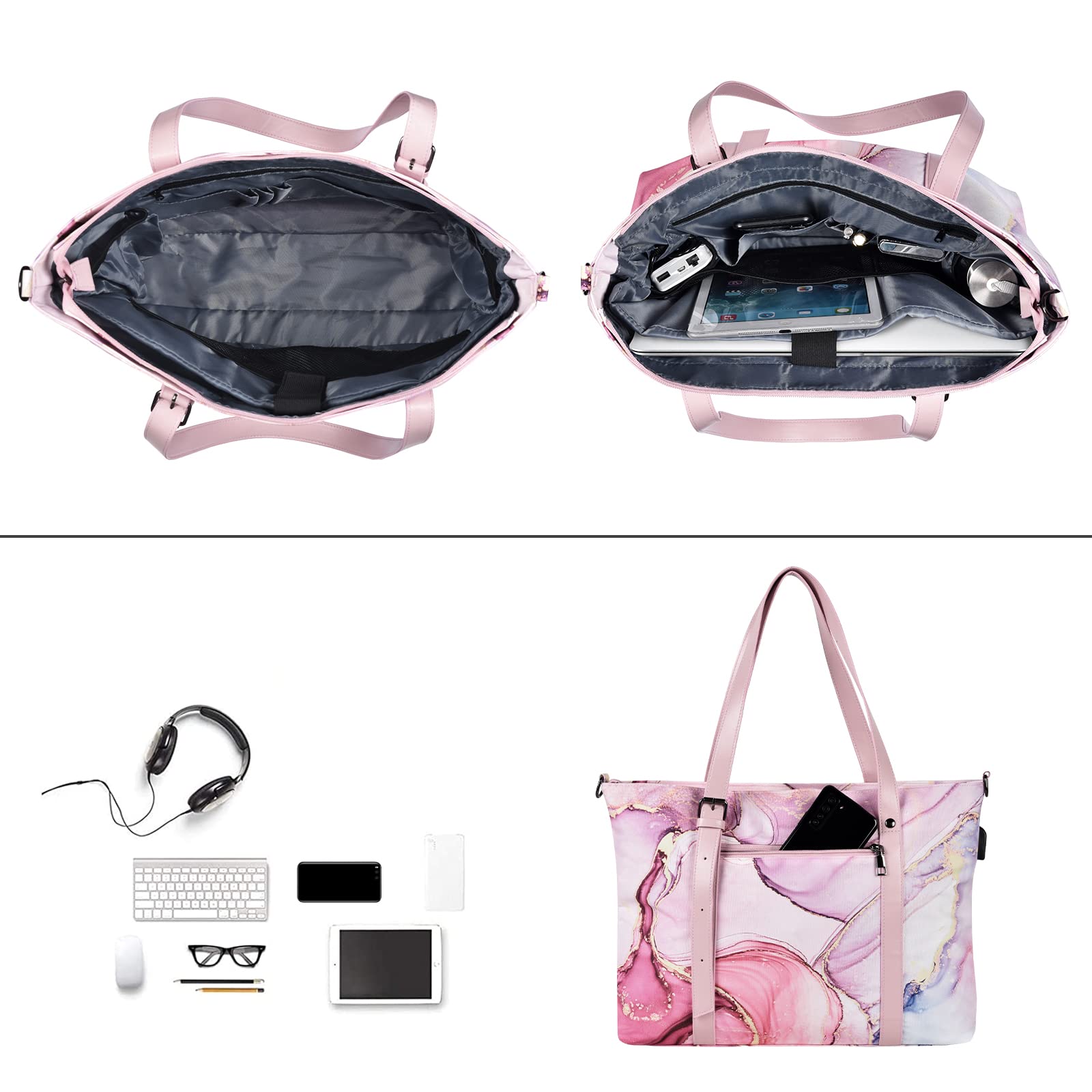 MOSISO 17-17.3 Inch Laptop Tote Bag for Women - USB Charging Port, Adjustable Handle, Polyester Work Travel Office Shoulder Bag (Marble MO-MBH216) - Perfect for Business Trips, Commuting & Daily Use