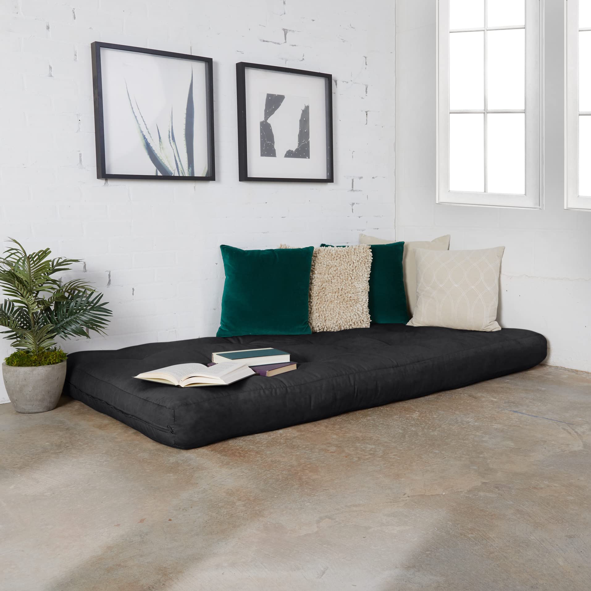 Premium Twin Size Basic Futon Mattress - Soft Suede Cover in Black for Comfortable Lounging & Guest Bedding
