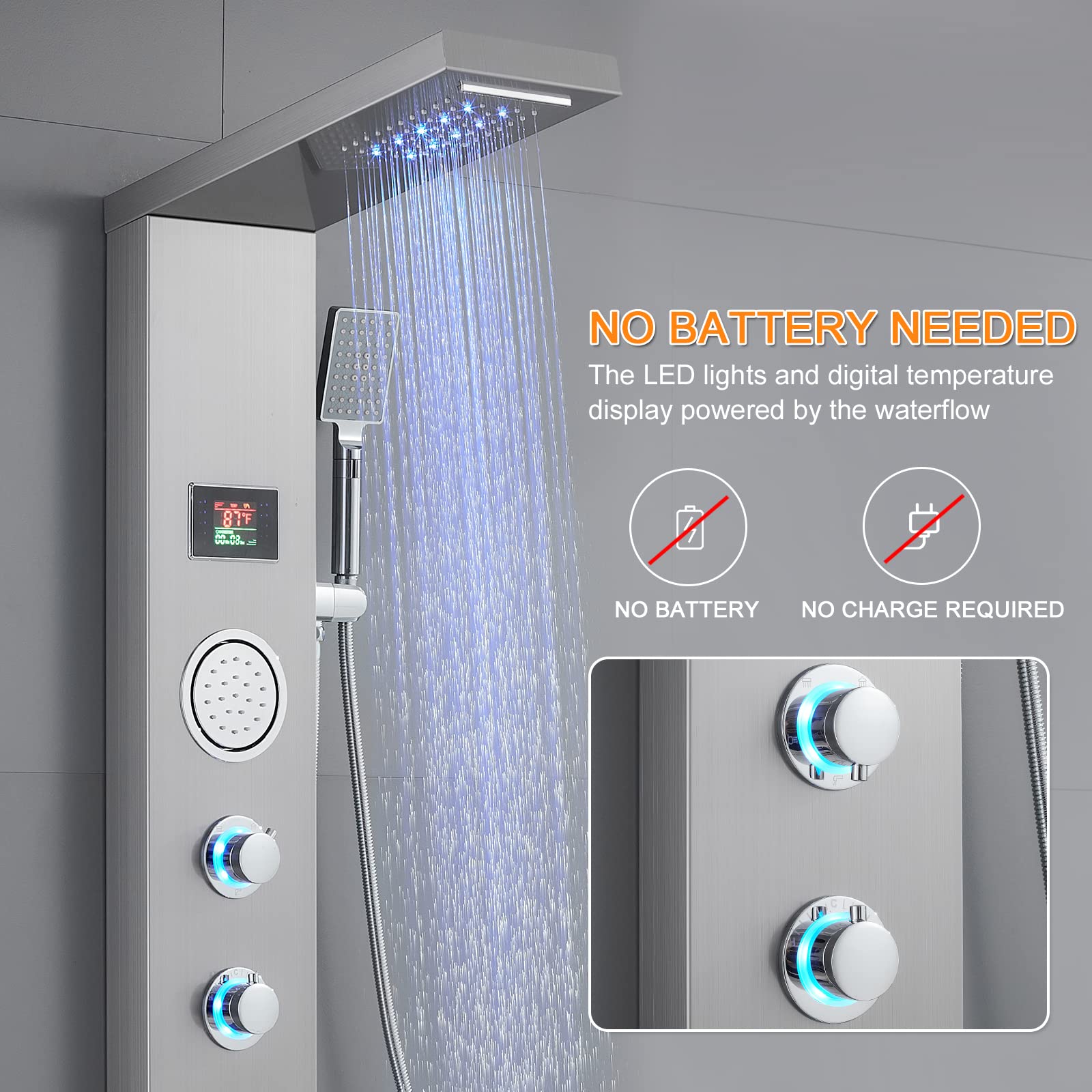 ROVATE 5-in-1 LED Shower Panel Tower System with Rainfall Shower Head, Body Massage Jets, Handheld Shower & Tub Spout - Brushed Stainless Steel for Spa-Like Bathroom Experience
